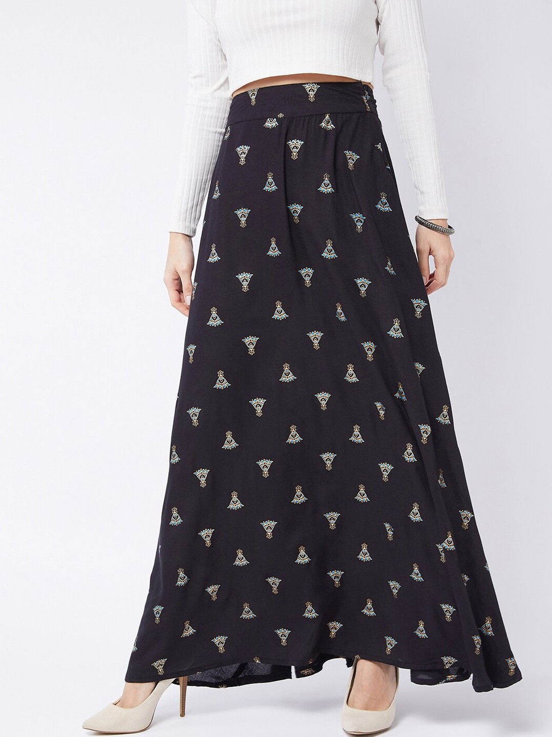 

InWeave Women Black Printed A-Line Flared Maxi Skirt