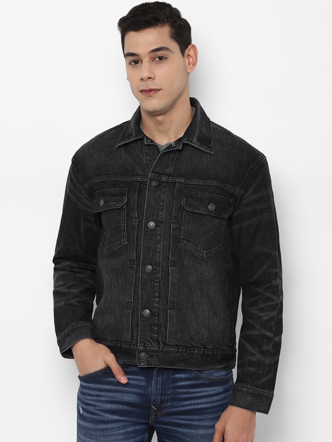 

AMERICAN EAGLE OUTFITTERS Men Black Washed Denim Jacket