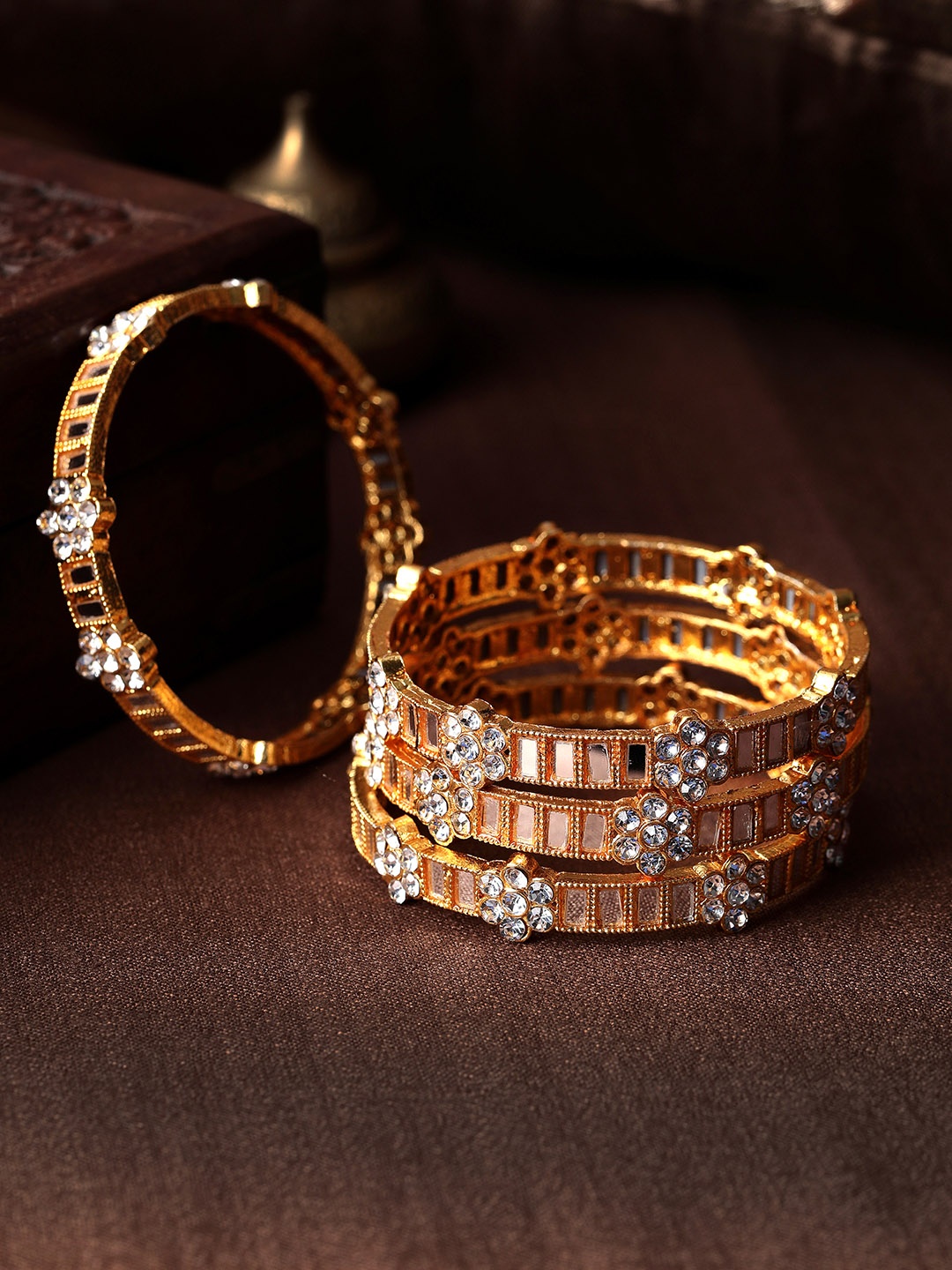 

Rubans Set Of 4 24K Gold-Plated Stone Studded & Mirror Bangles