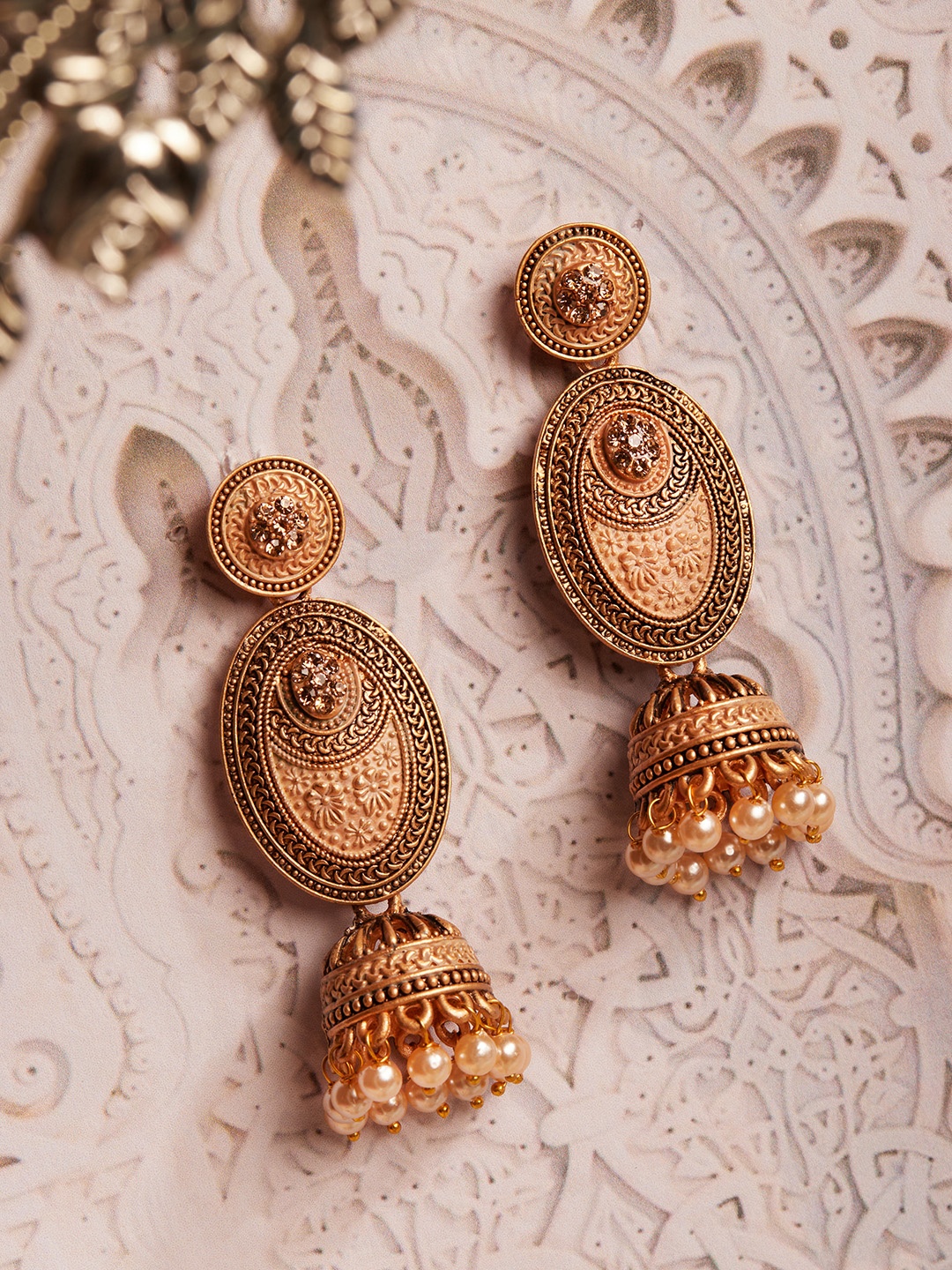 

Rubans 24K Gold Plated Enamel Handpainted & White Beaded Dome Shaped Jhumkas Earrings