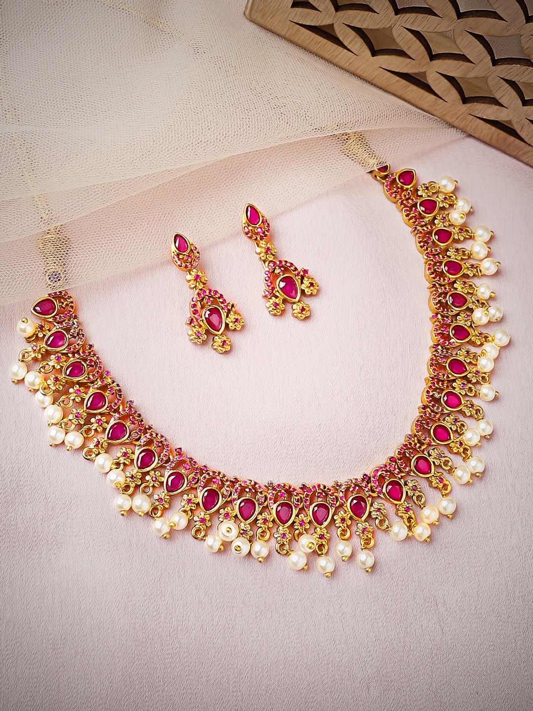 

Rubans 24K Gold-Plated Ruby-Studded & Pearl Beaded Jewelry Set