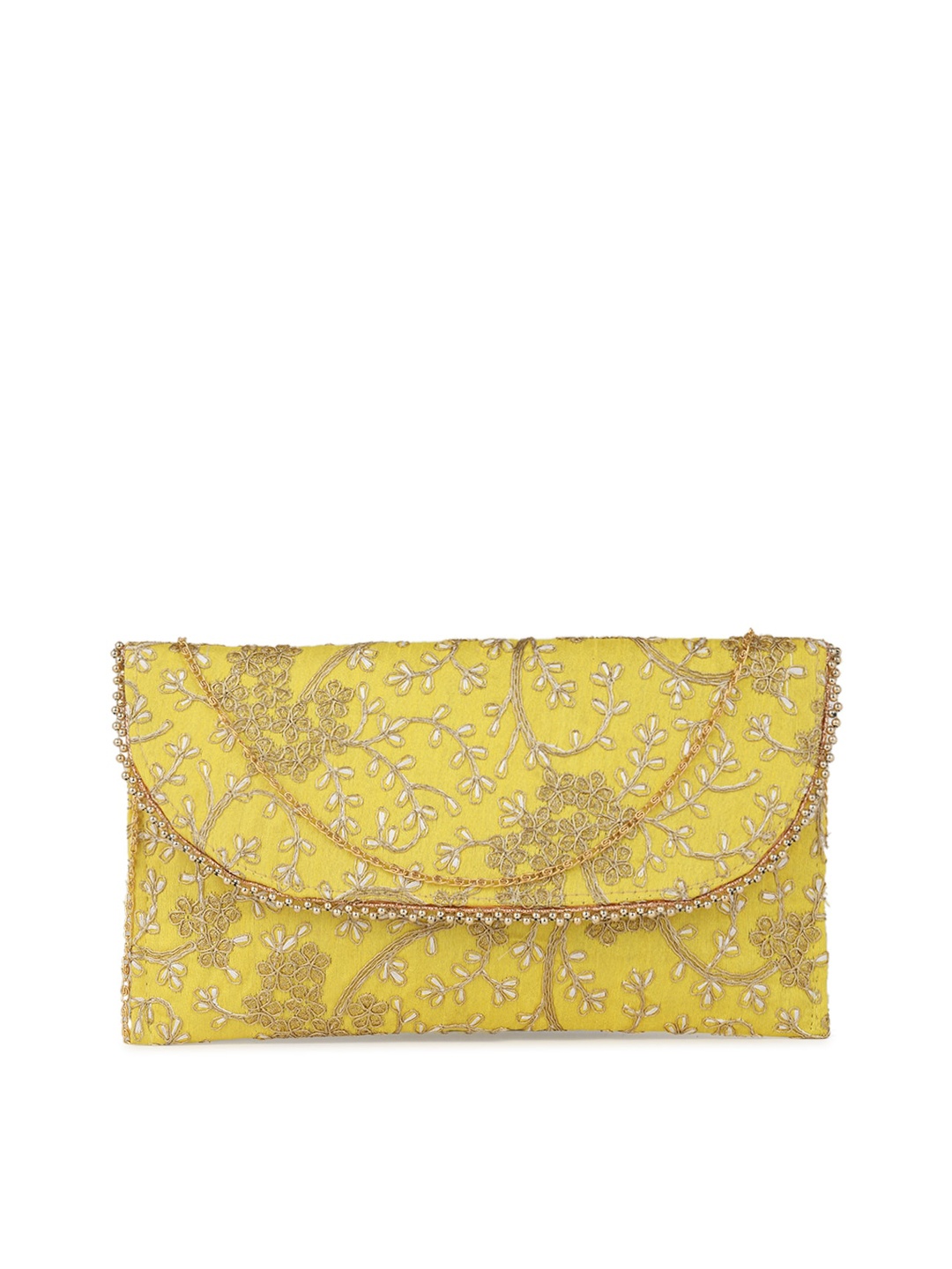 

gaura pakhi Mustard Yellow & Gold-Toned Embroidered Envelope Clutch