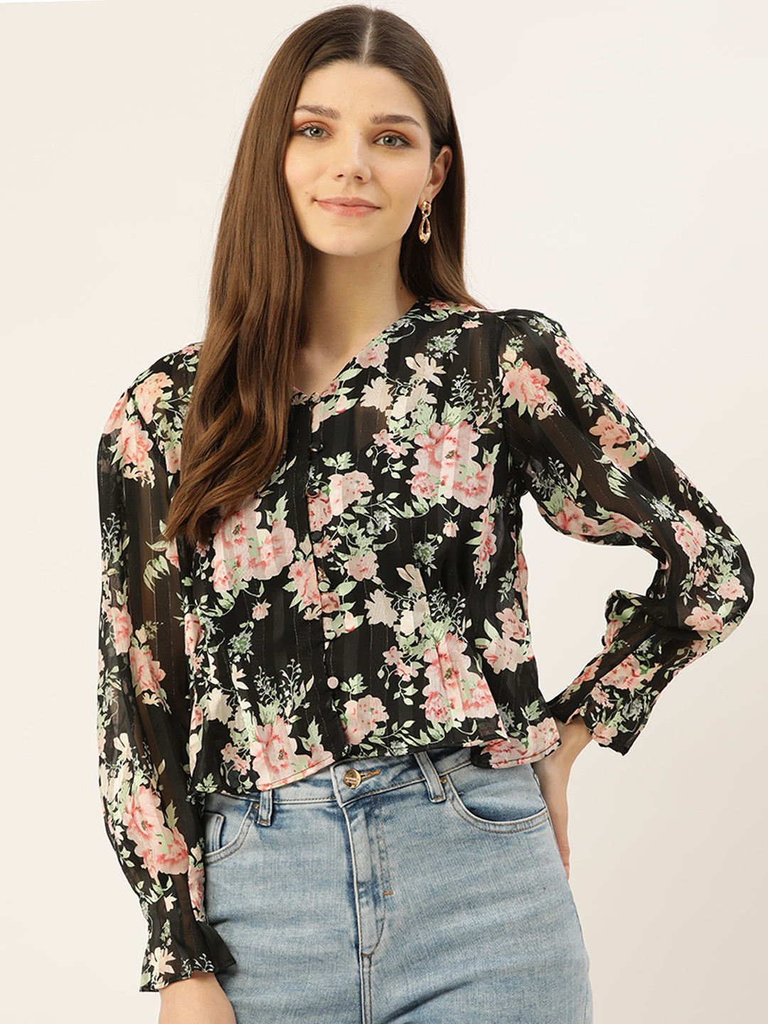 

Madame Black & Green Floral Print Regular Top