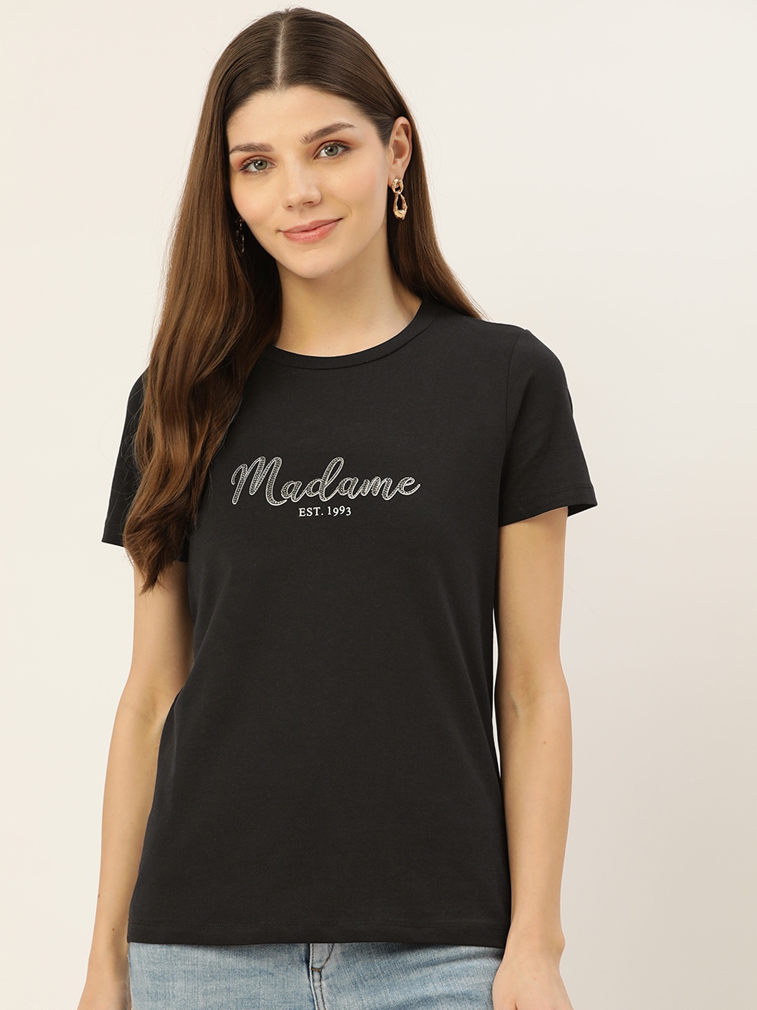 

Madame Women Black Brand Logo Printed T-shirt