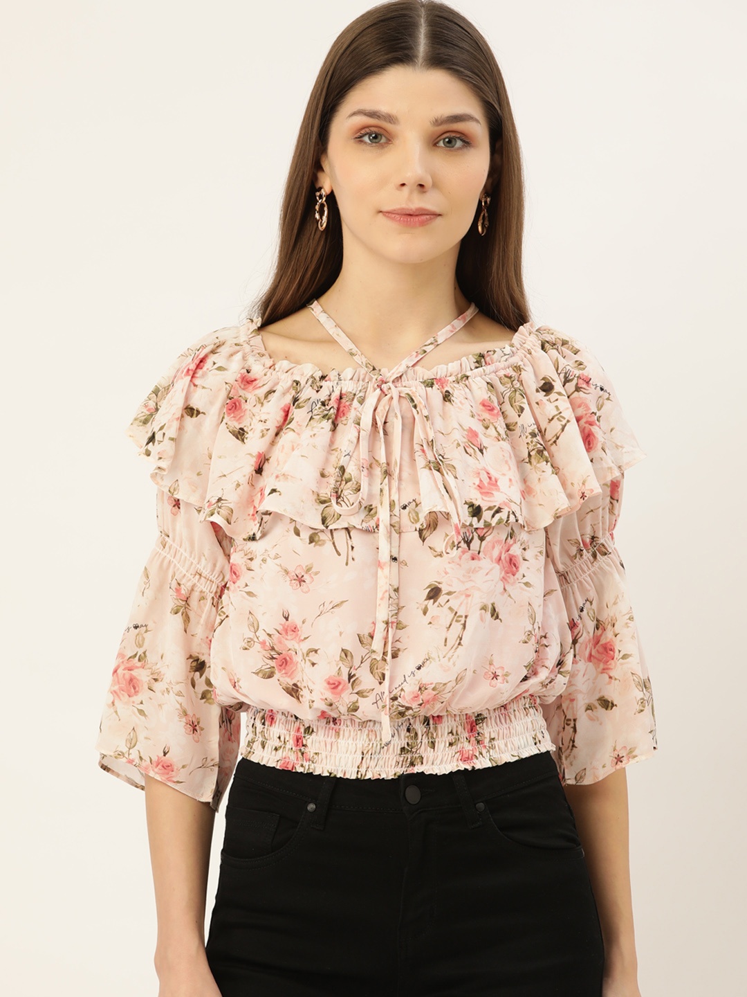 

Madame Peach-Coloured Floral Print Layered Smocked Crop Top