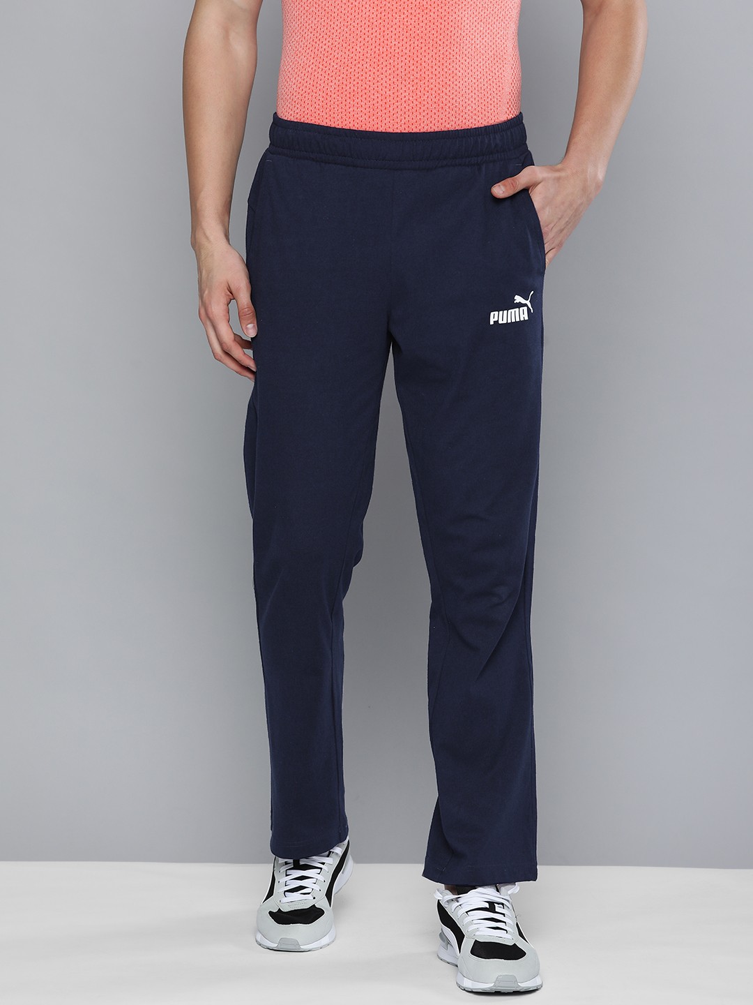 

Puma Men Navy Blue Solid Essentials Jersey Pure Cotton Training Track Pants with PUMA Logo