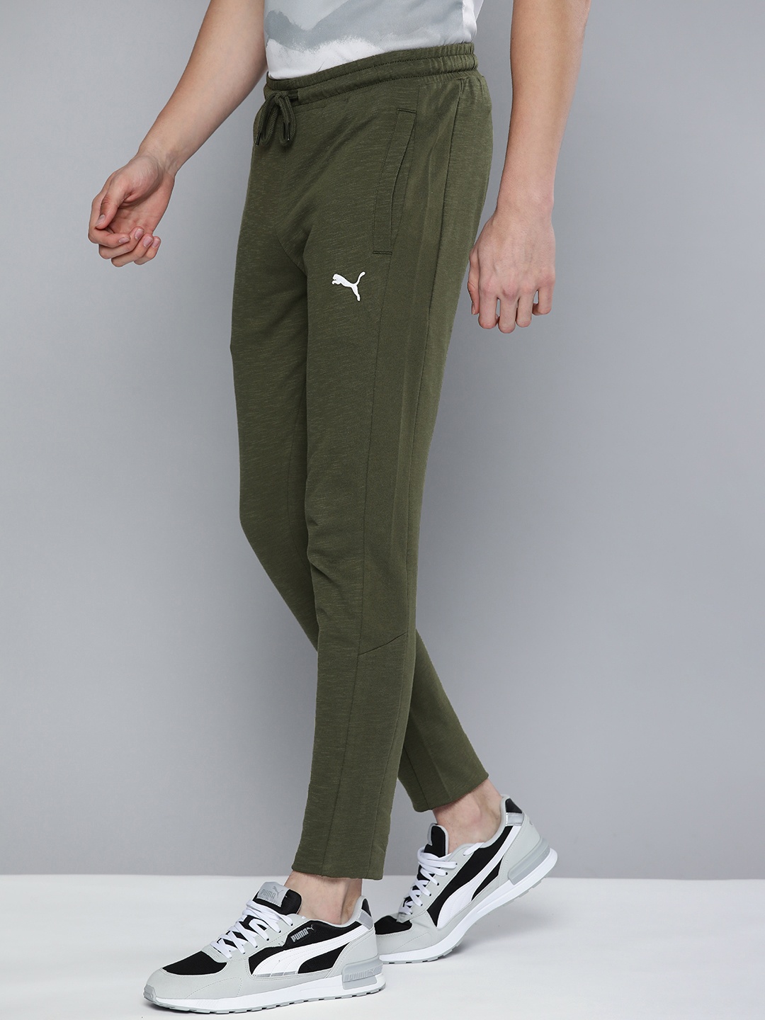 

Puma Men Olive Green Solid Slub Pure Cotton Slim Fit Training Track Pants with PUMA Logo