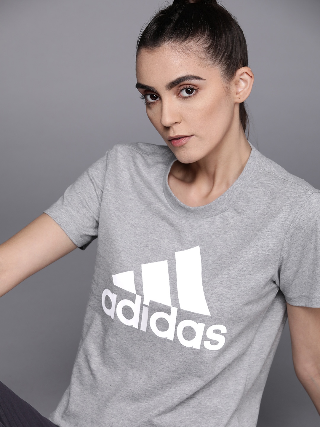 

ADIDAS Women Grey Melange & White Brand Logo Printed Pure Cotton T-shirt
