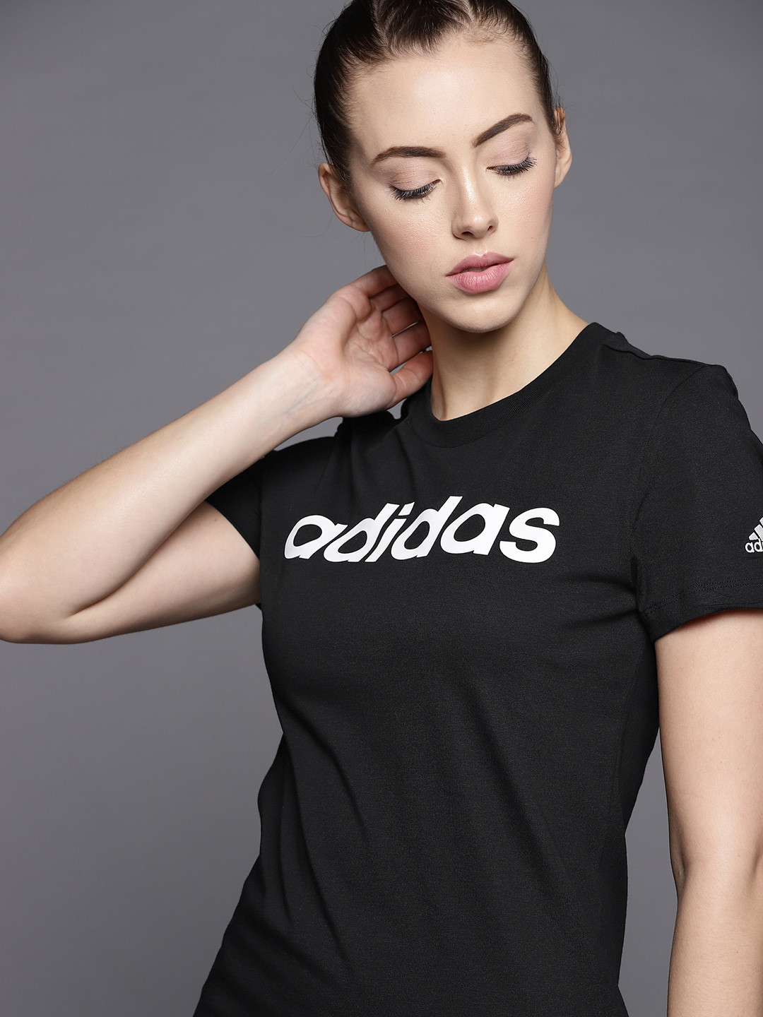 

ADIDAS Women Black & White Brand Logo Printed Cotton Slim Fit Sustainable T-shirt
