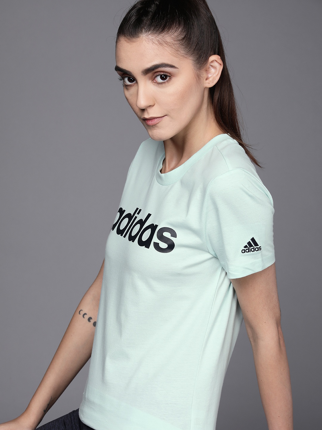 

ADIDAS Women Blue & Black Brand Logo Printed Pure Cotton T-shirt