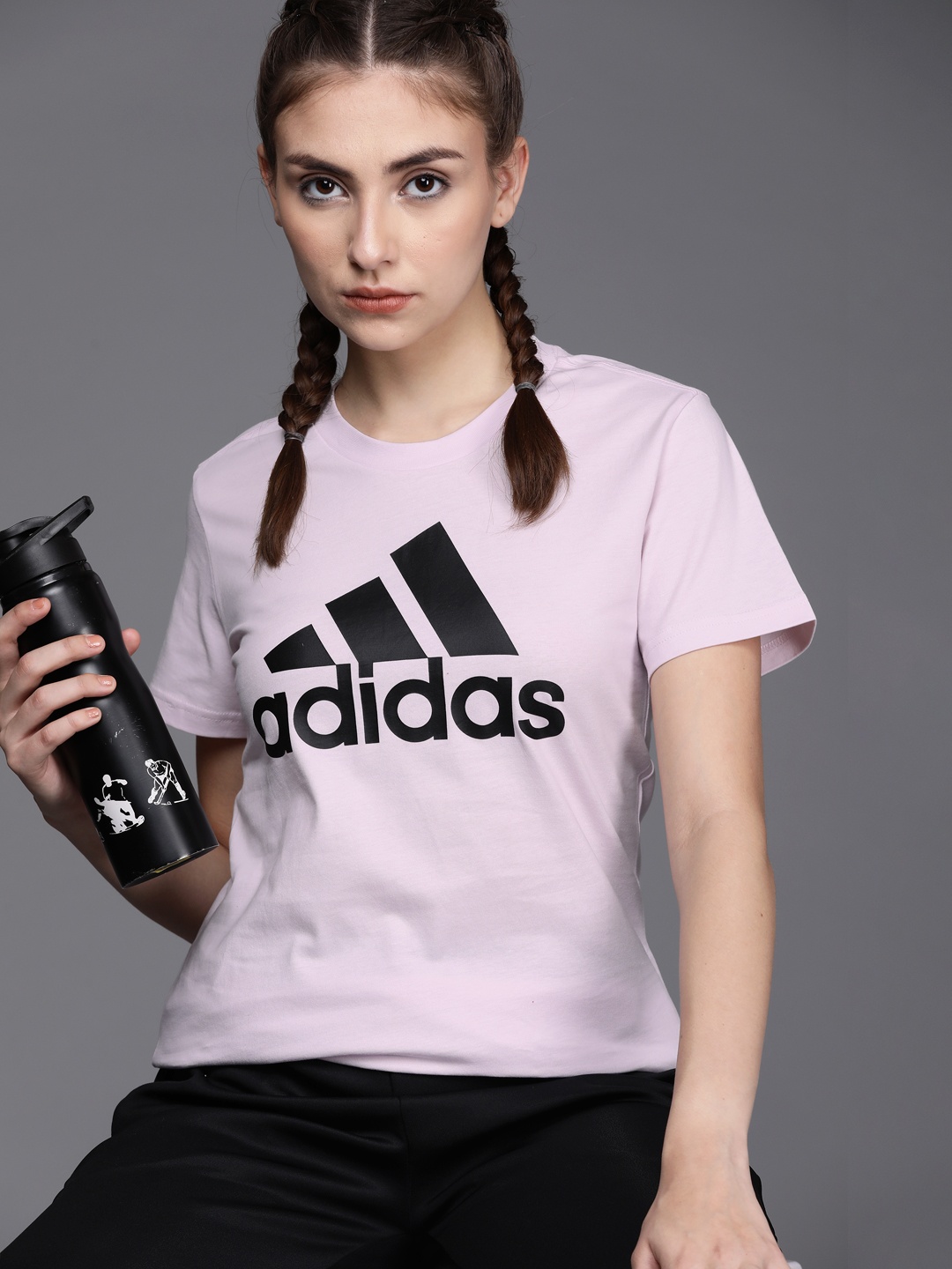 

ADIDAS Women Pink & Black Brand Logo Printed Sustainable T-shirt