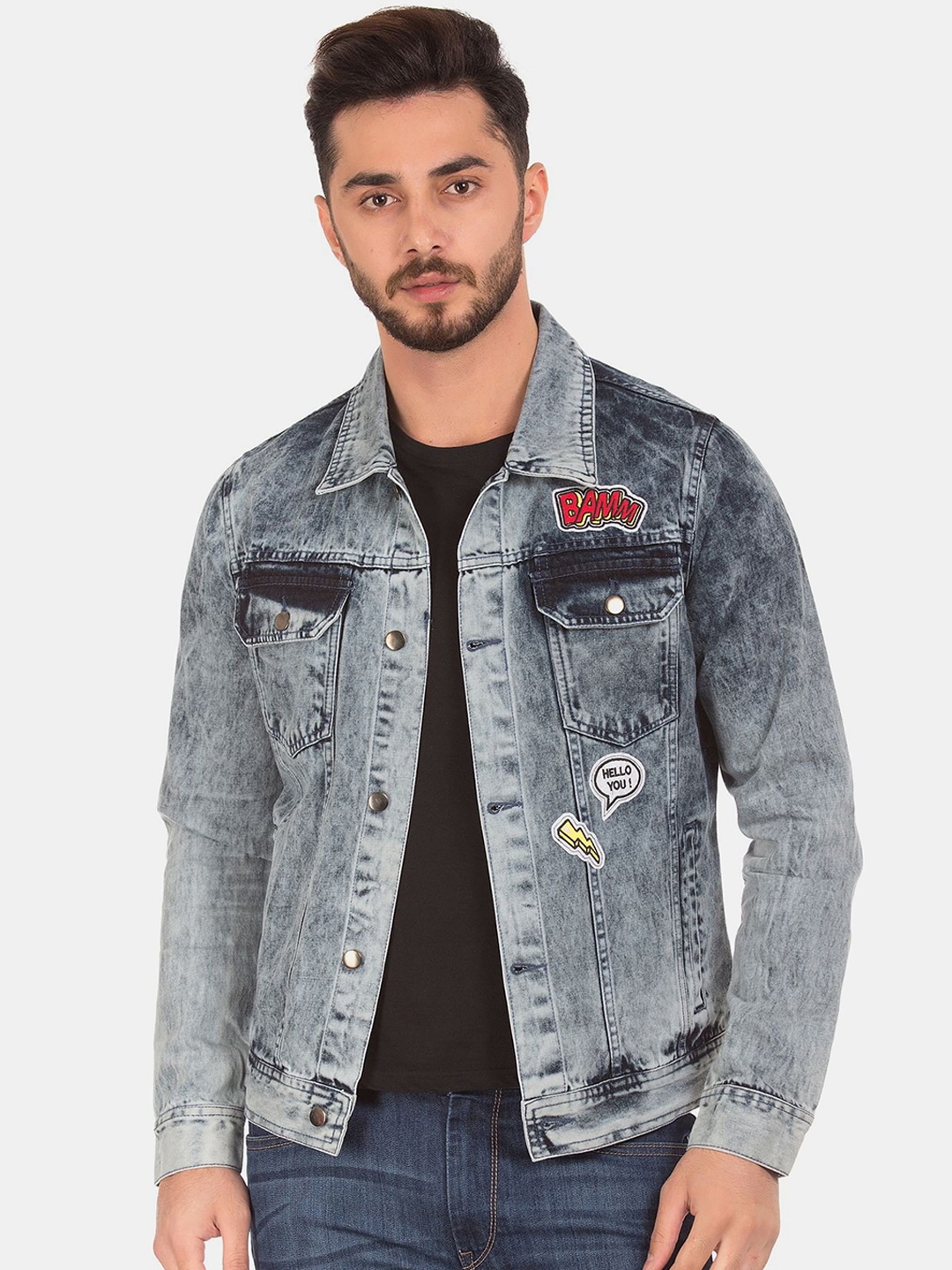 

Colt Men Blue Washed Denim Jacket With Patchwork