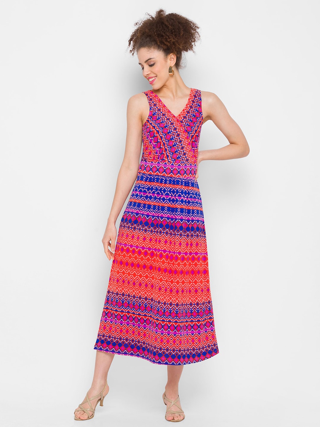 

Globus Red & Blue Printed Midi Dress
