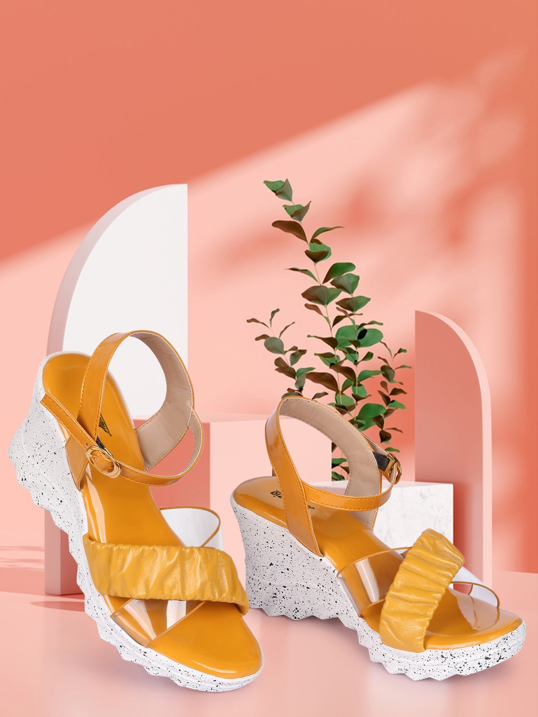

Alishtezia Mustard & White PU Wedge Sandals with Buckles