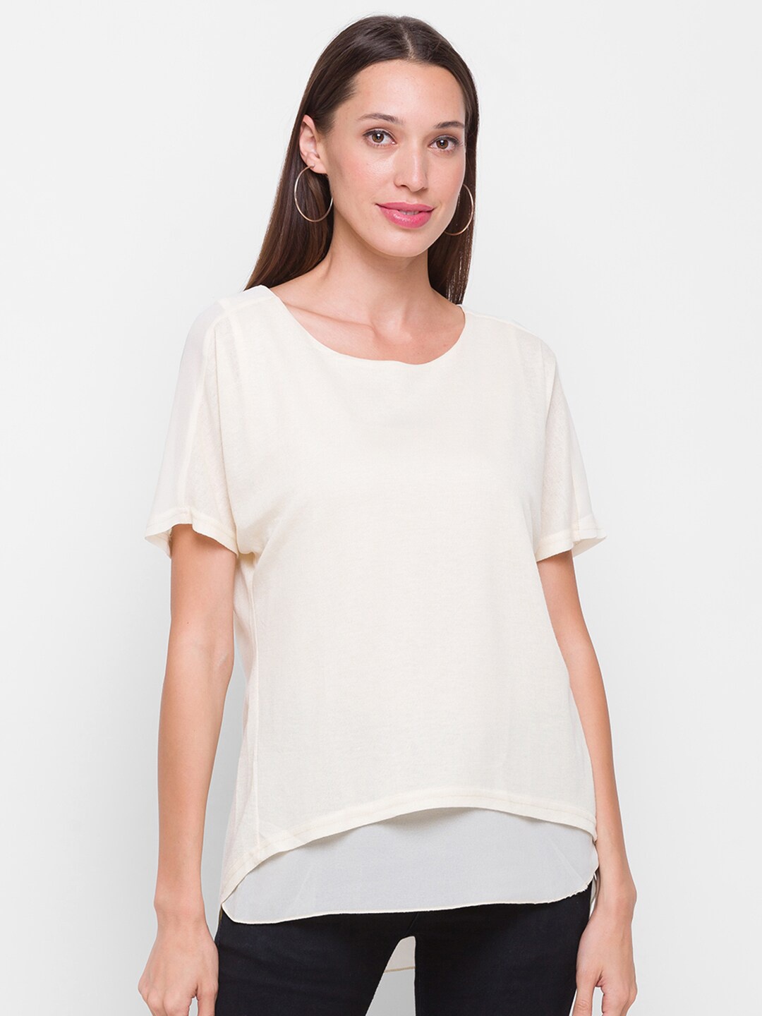 

Globus Women Off White Extended Sleeves Raw Edge T-shirt