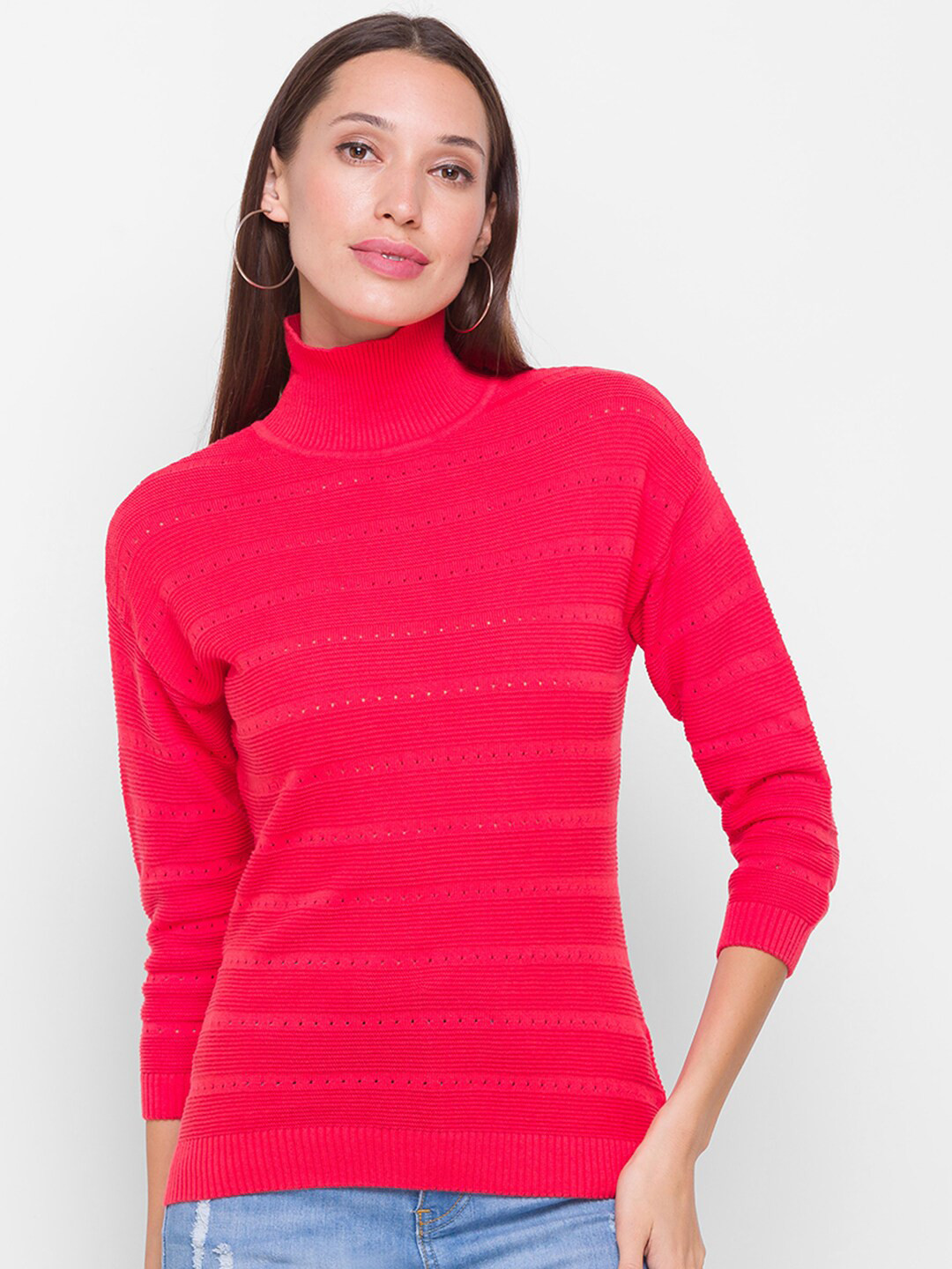 

Globus Women Coral Striped High Neck T-shirt