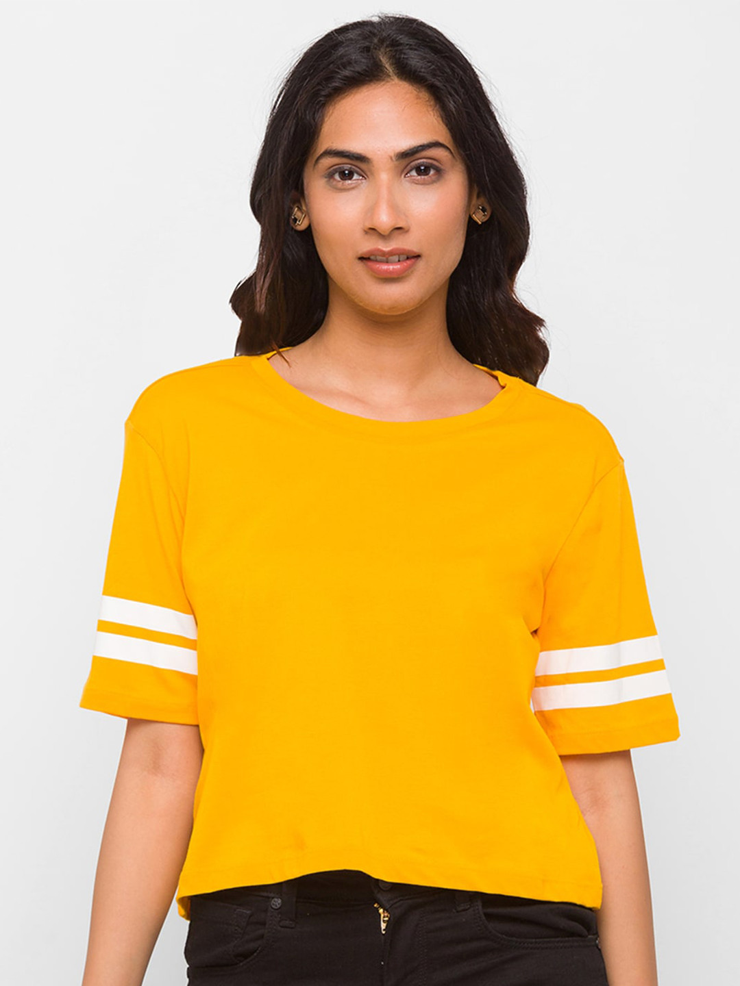 

Globus Women Mustard Yellow Drop-Shoulder Sleeves Cotton T-shirt