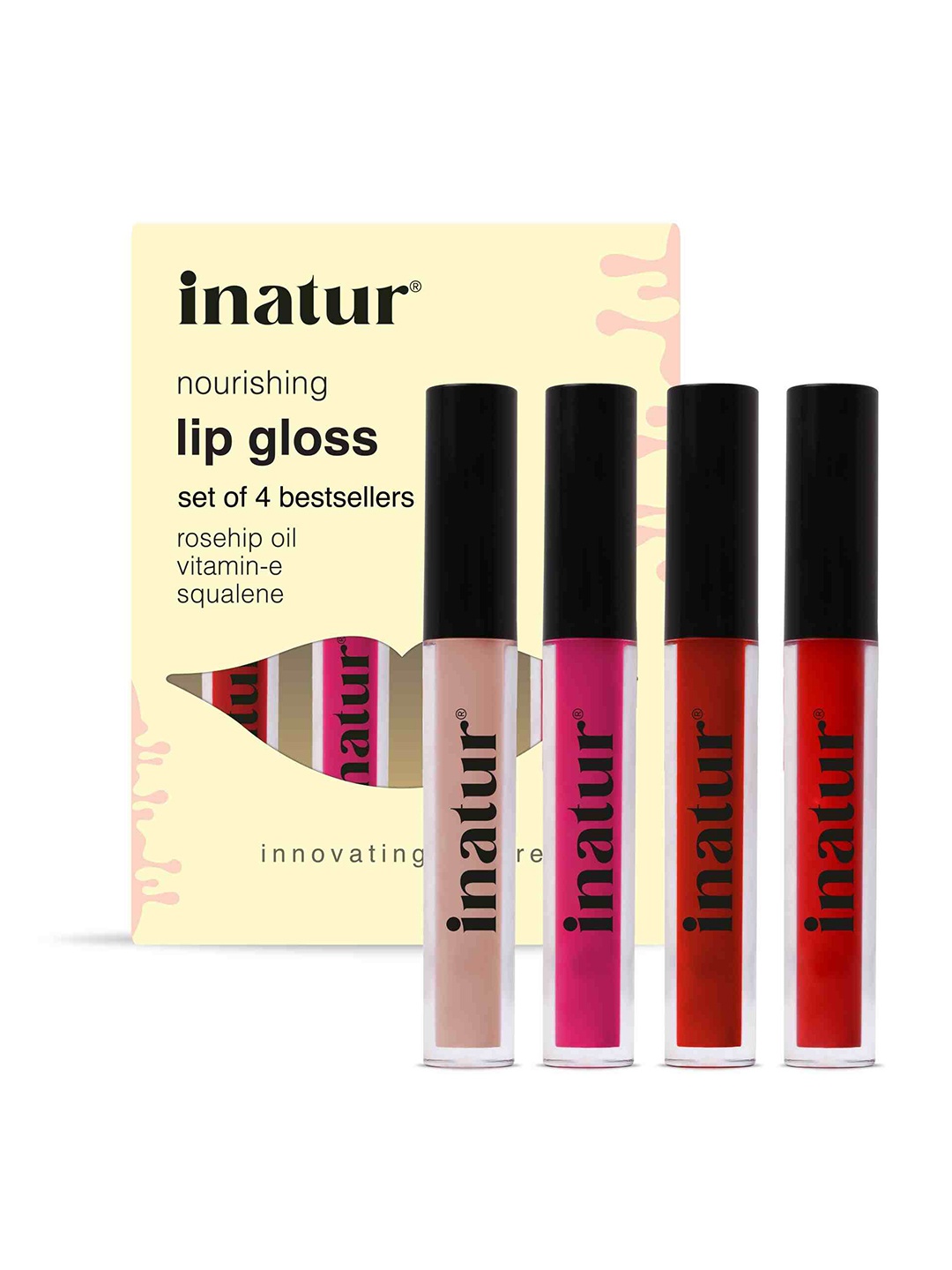 

Inatur Set of 4 Lip Gloss - Attitude L4, Glam Pink L5, Cheeky Red L7 & Angelic L2, Multi