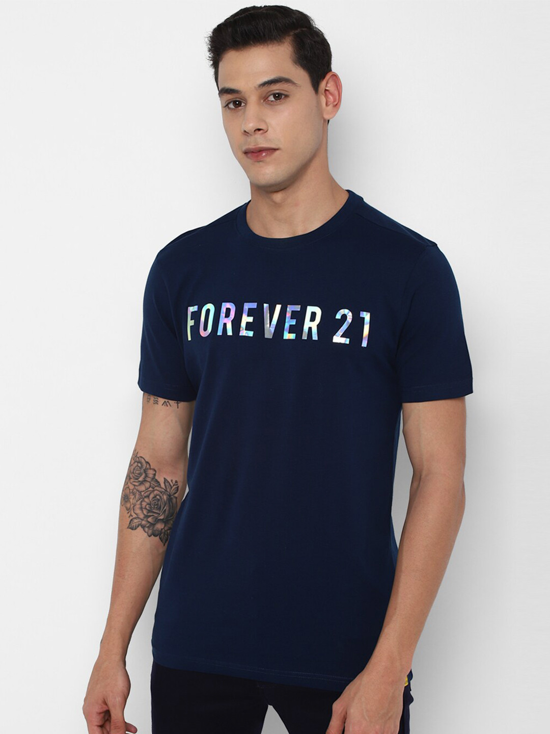

FOREVER 21 Men Navy Blue & White Typography Printed Cotton T-shirt