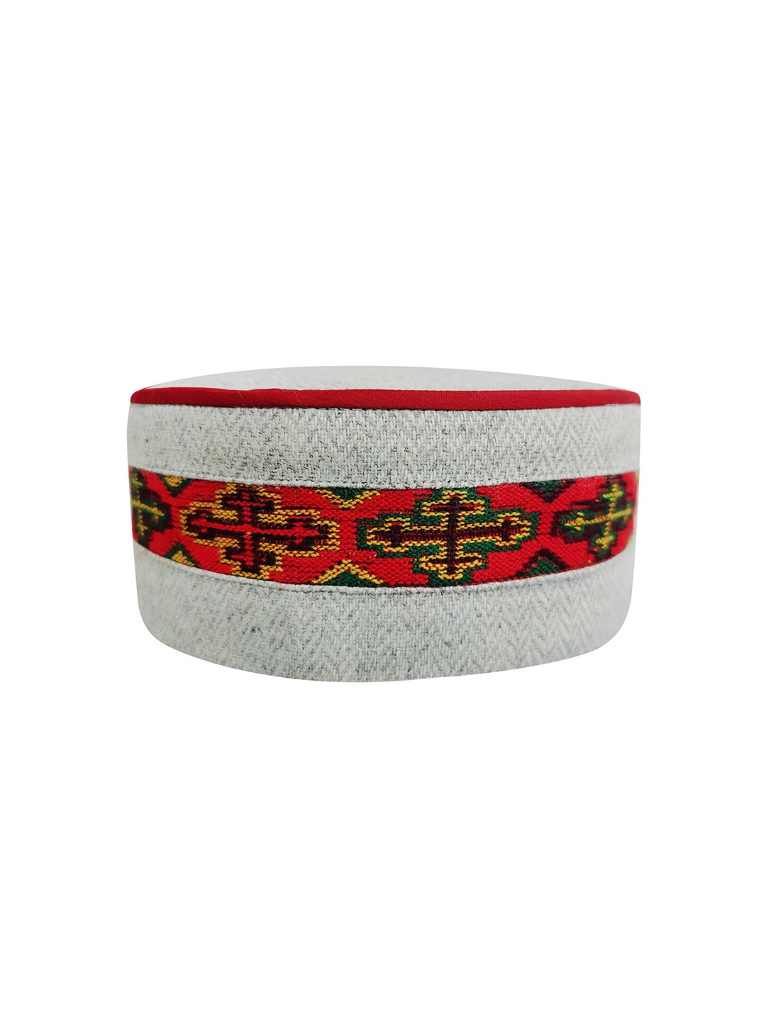 

Vastraa Fusion Unisex Grey & Red Embroidered Woolen Kullu Himachali Cap