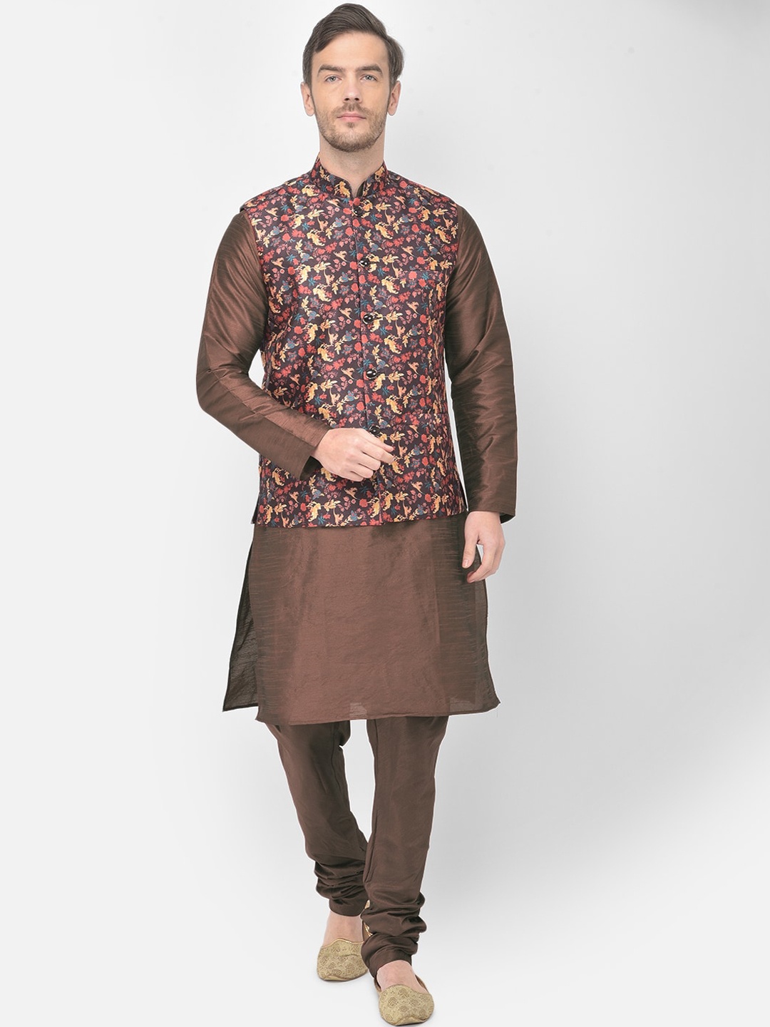 

SG LEMAN Men Brown Raw Silk Kurta with Churidar & Jacket