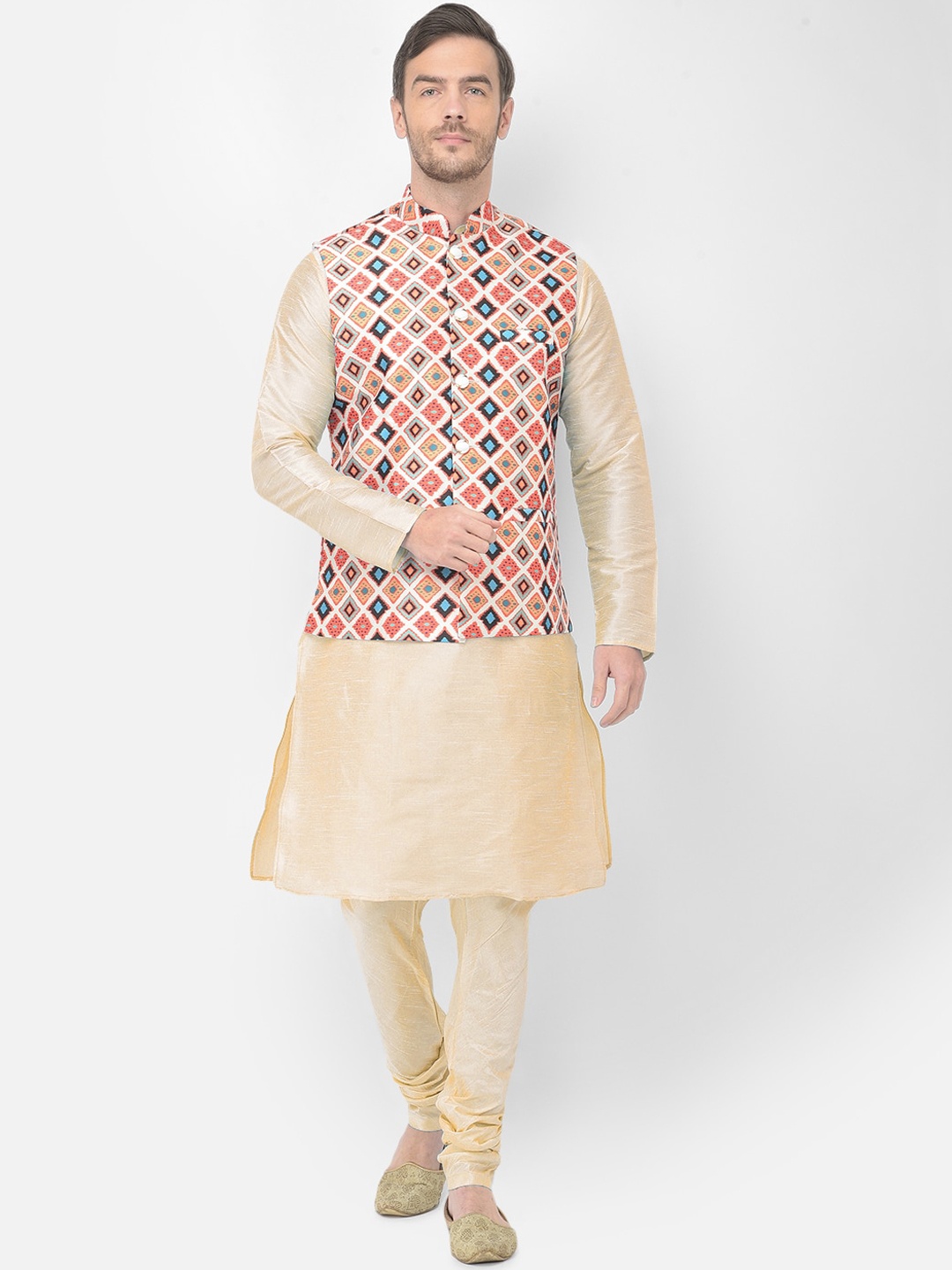

SG LEMAN Men Beige Printed Raw Silk Kurta With Churidar & Nehru Jacket
