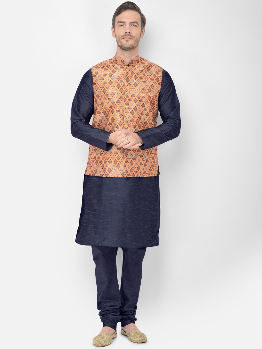 

SG LEMAN Men Navy Blue Raw Silk Kurta with Churidar & Nehru Jacket