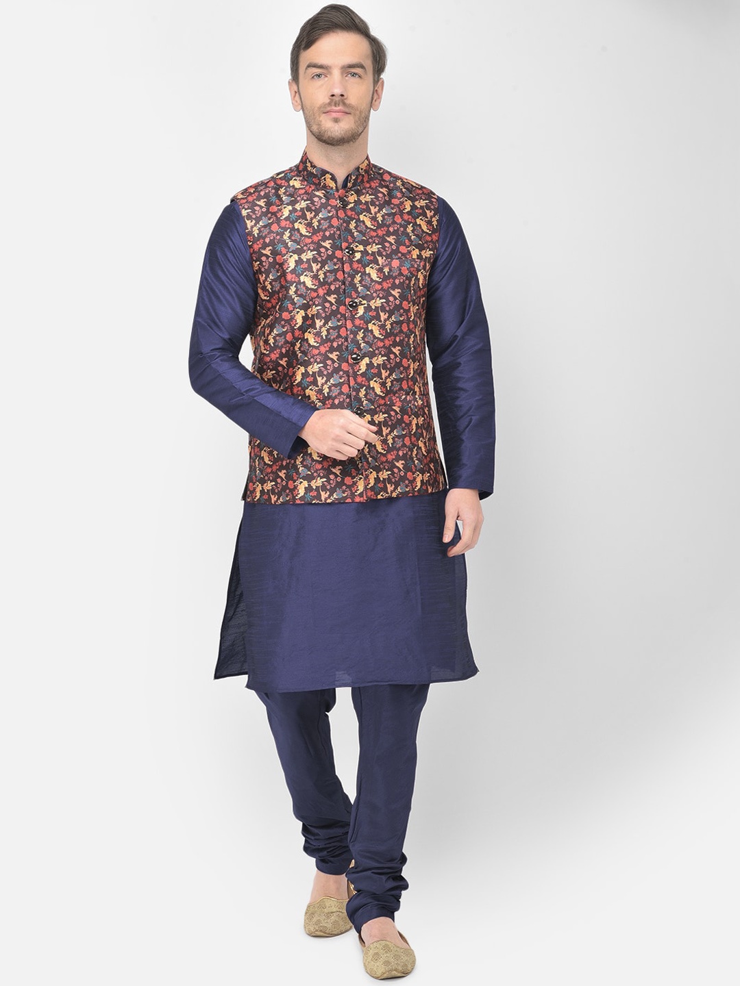 

SG LEMAN Men Navy Blue Solid Mandarin Collar Raw Silk Kurta with Churidar & Nehru Jacket