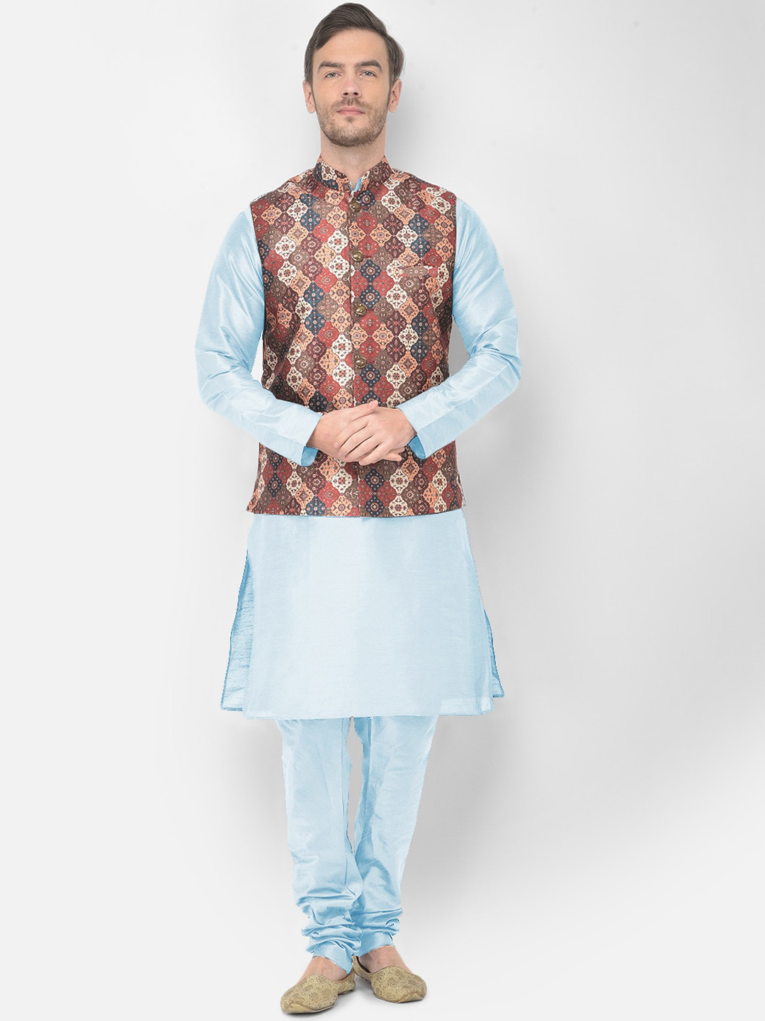 

SG LEMAN Men Turquoise Blue & Brown Raw Silk Kurta with Churidar & Jacket