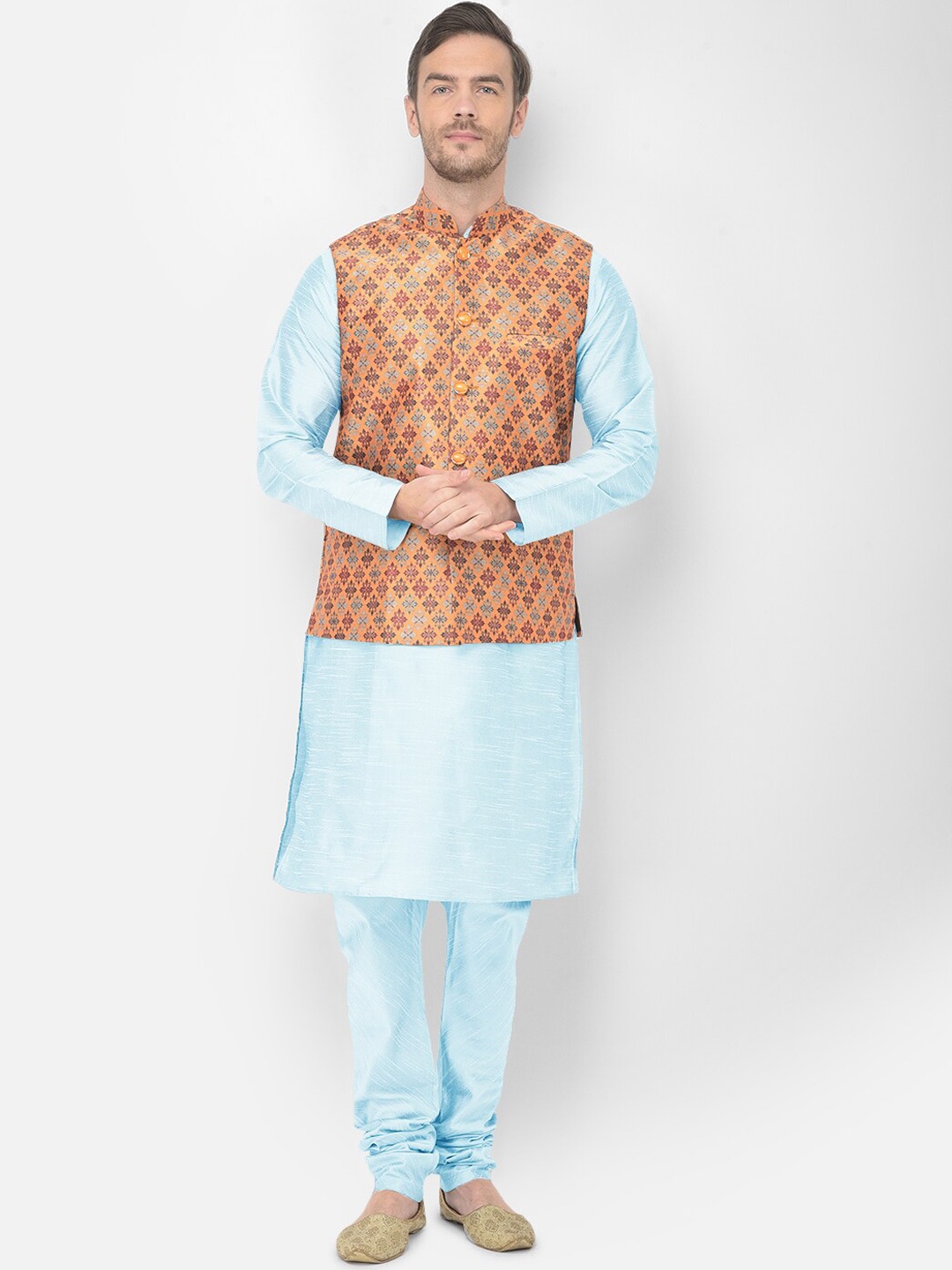 

SG LEMAN Men Turquoise Blue Raw Silk Kurta with Churidar