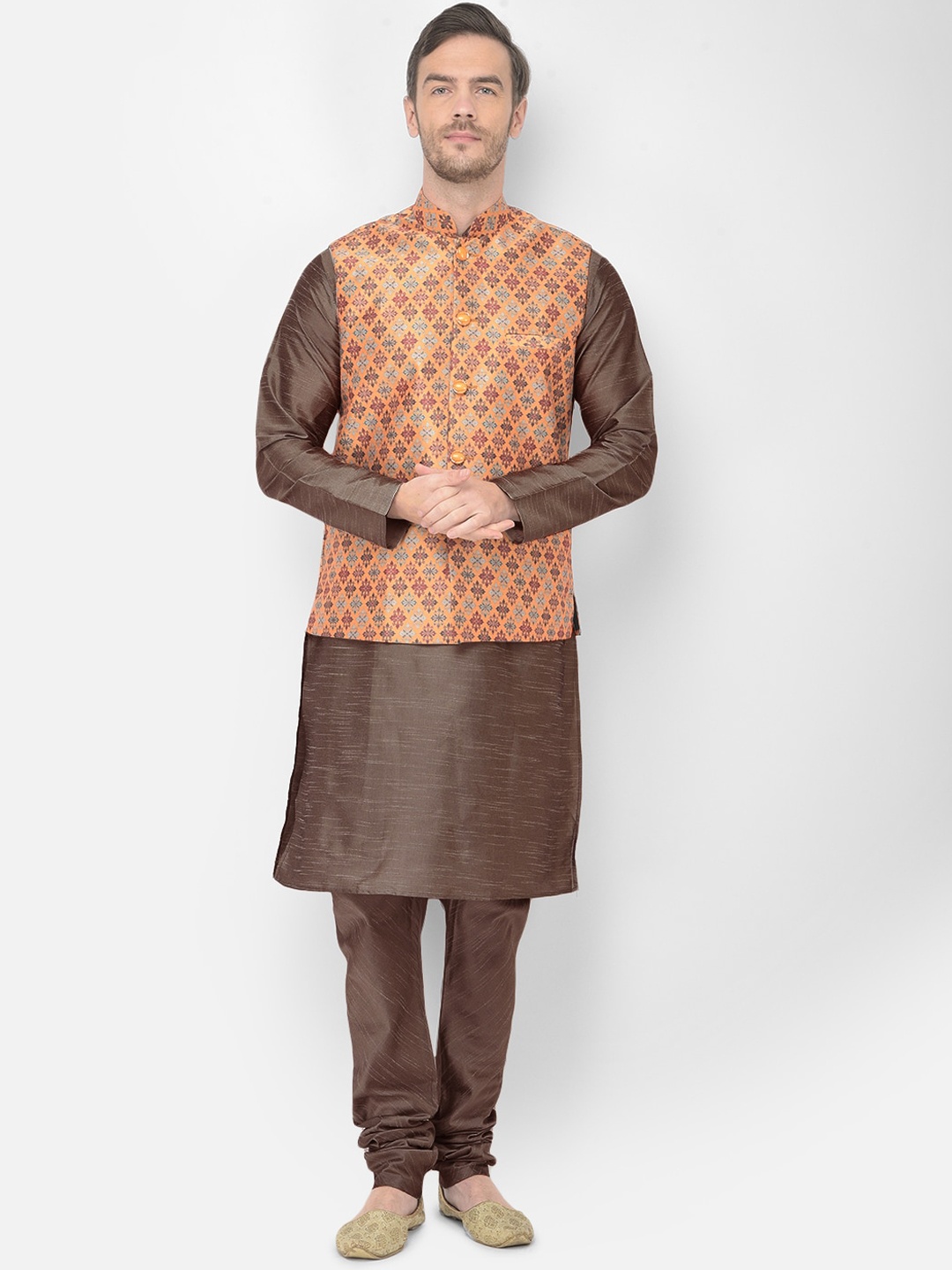 

SG LEMAN Men Brown Paisley Raw Silk Kurta with Churidar & Nehru Jacket