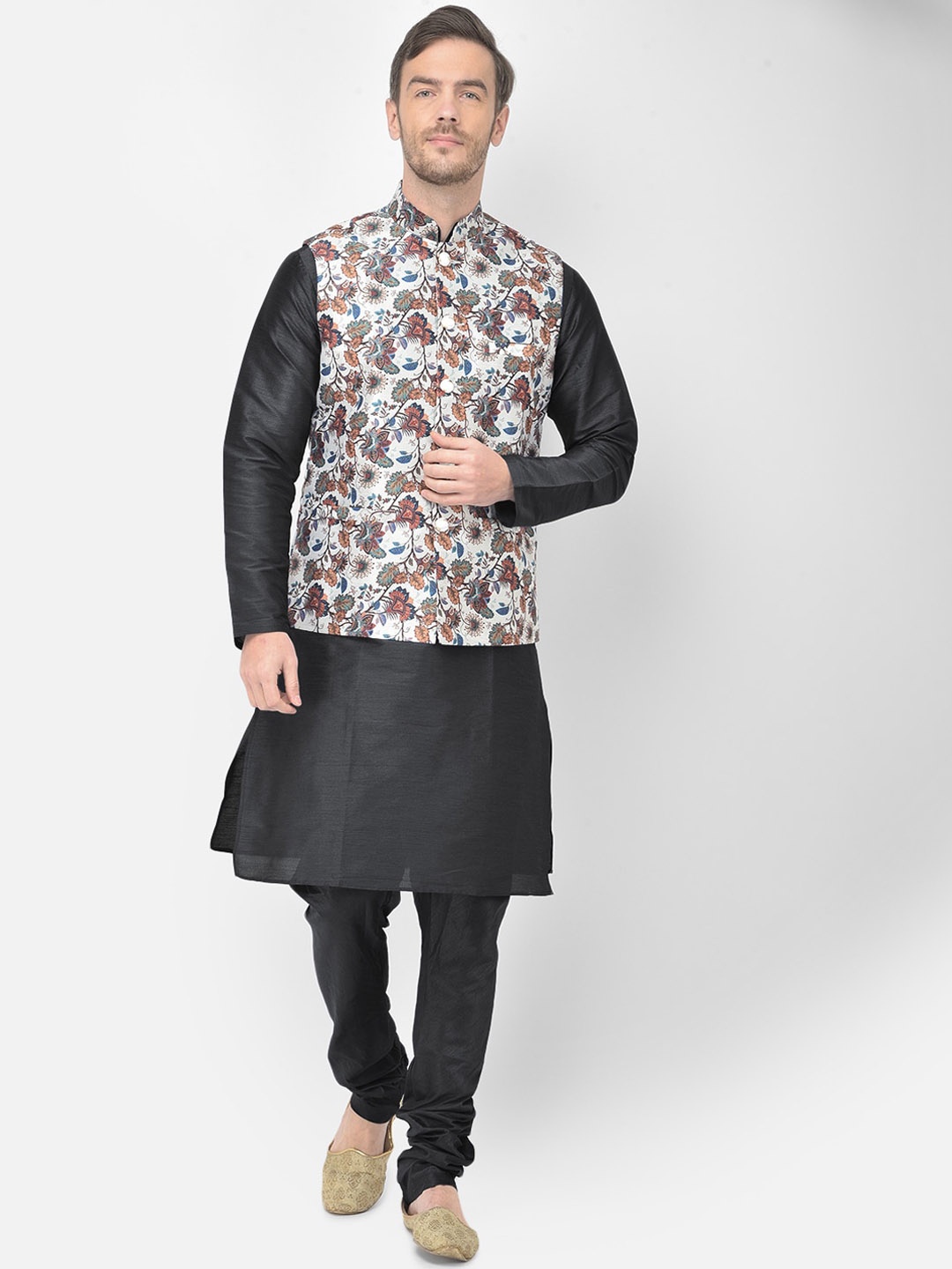 

SG LEMAN Men Black & White Raw Silk Kurta with Churidar & Jacket