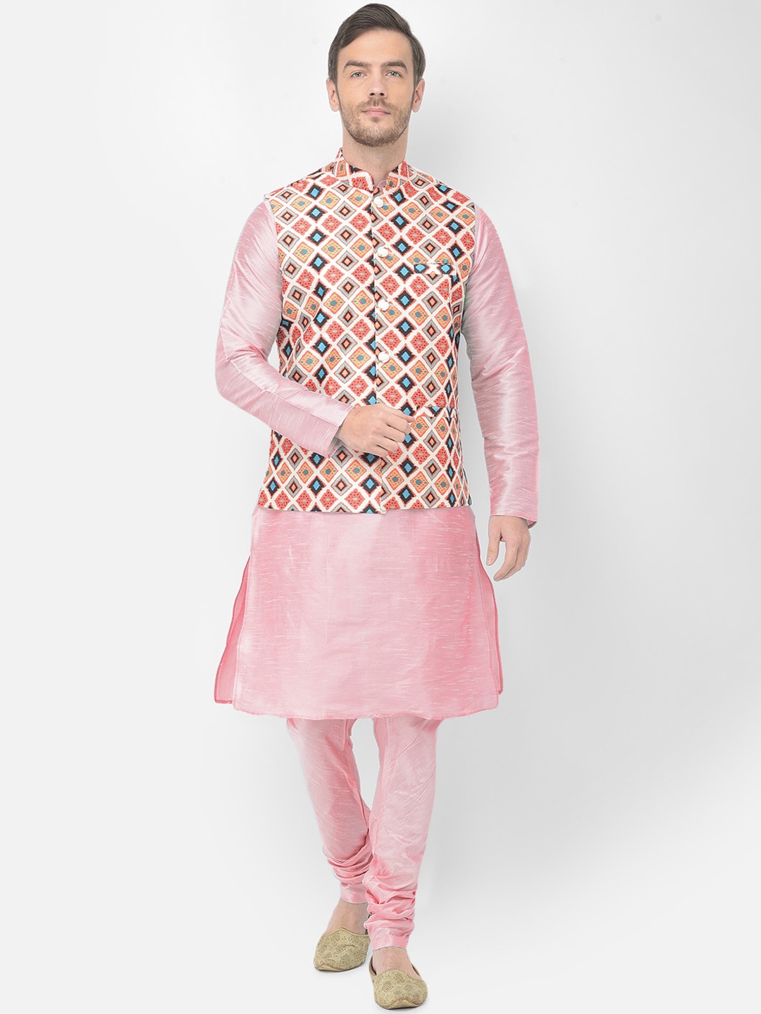 

SG LEMAN Men Peach-Coloured Raw Silk Kurta with Churidar