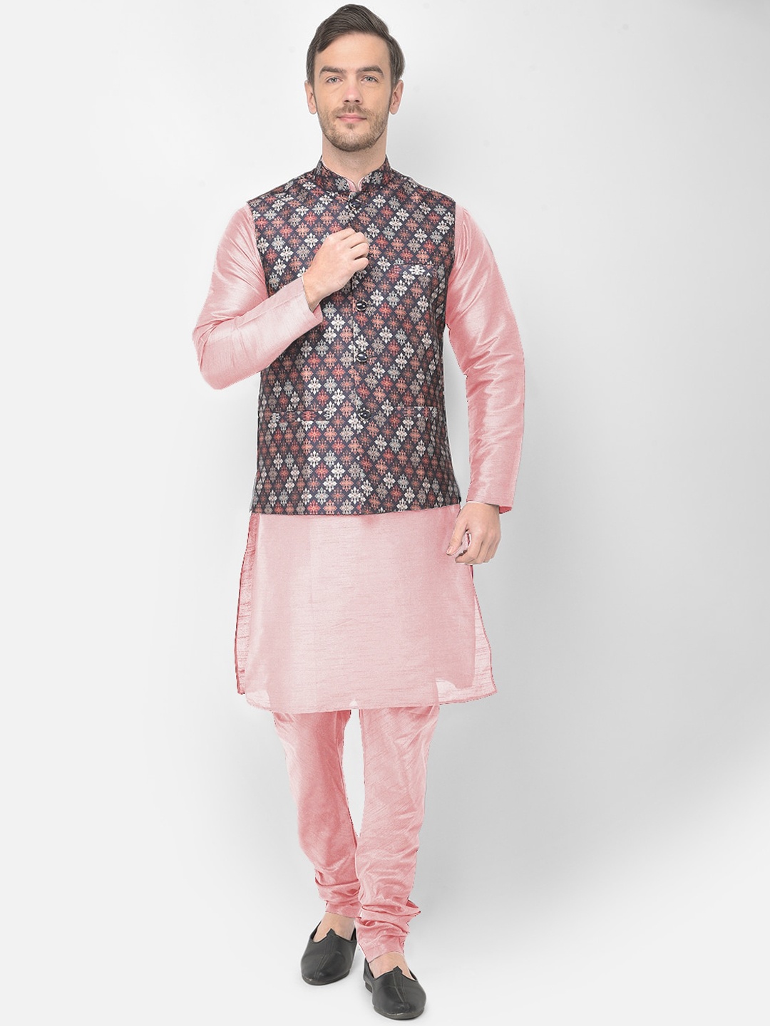 

SG LEMAN Men Peach-Coloured & Brown Raw Silk Kurta with Churidar & Jacket