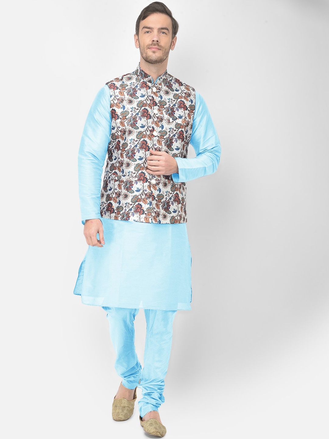 

SG LEMAN Men Turquoise Blue & White Raw Silk Kurta with Churidar & Jacket