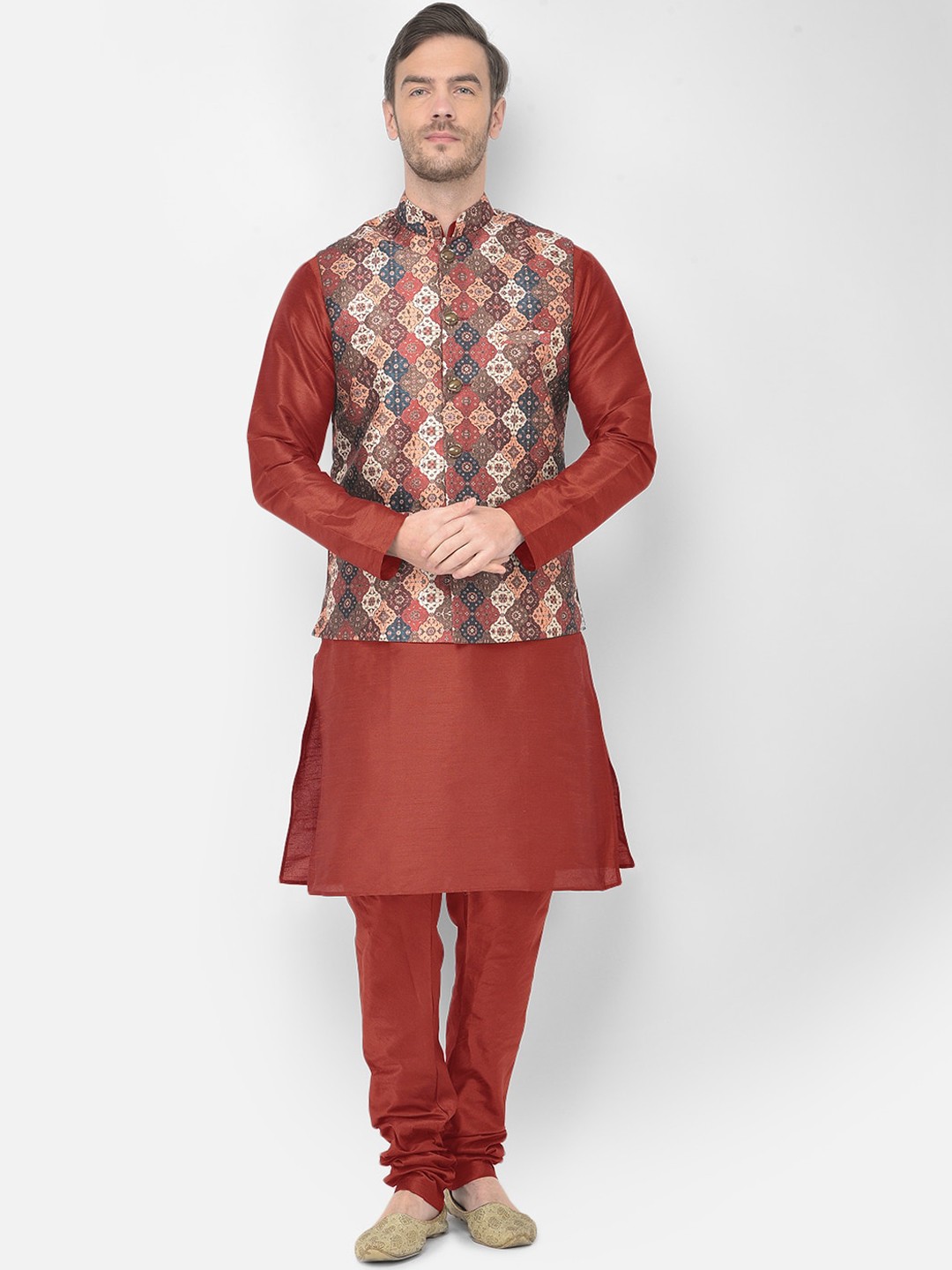 

SG LEMAN Men Maroon Raw Silk Kurta with Churidar