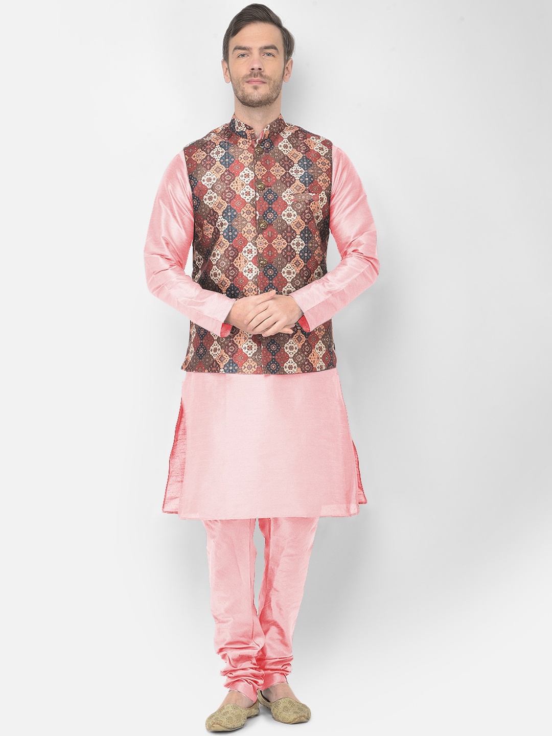 

SG LEMAN Men Peach-Coloured Raw Silk Kurta with Churidar