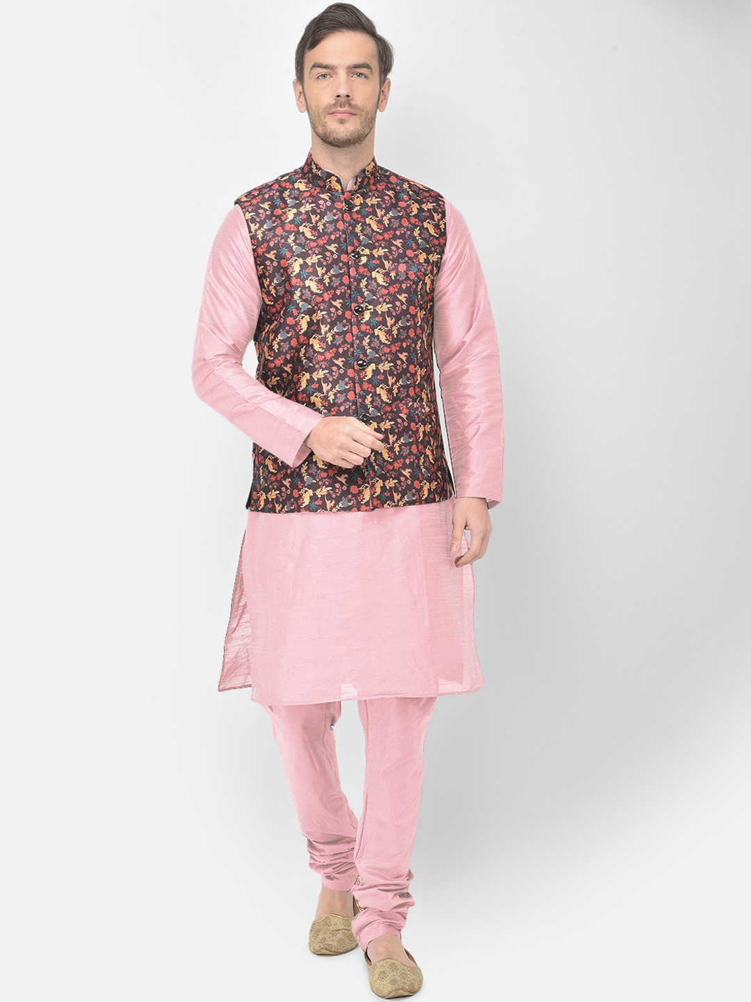 

SG LEMAN Men Pink & Brown Raw Silk Kurta with Churidar & Jacket