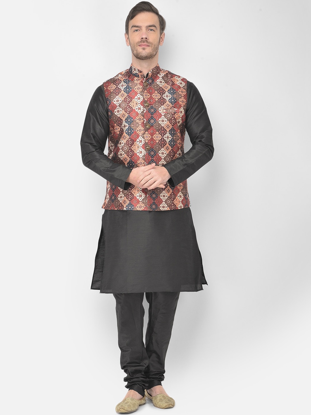 

SG LEMAN Men Black Raw Silk Kurta with Churidar