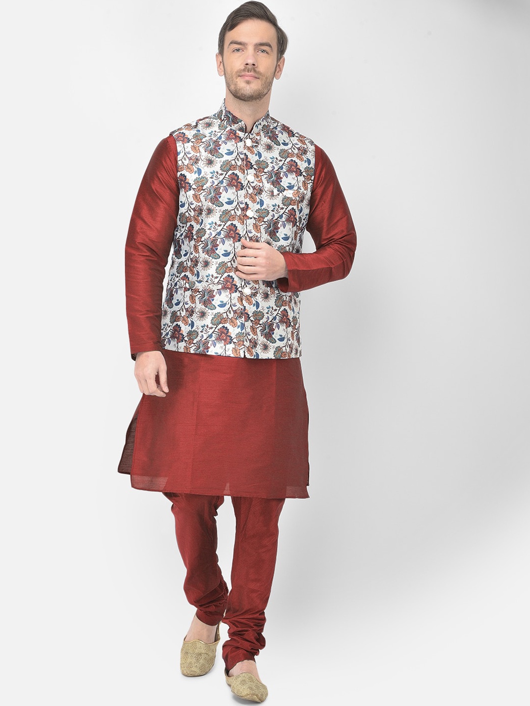 

SG LEMAN Men Maroon & White Raw Silk Kurta with Churidar & Jacket