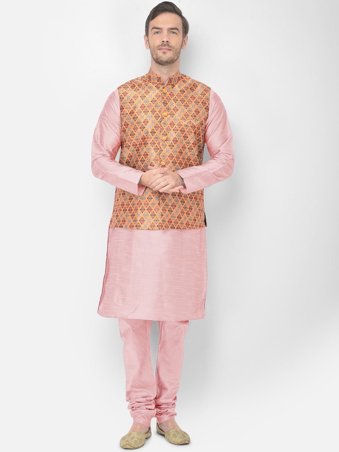 

SG LEMAN Men Peach-Coloured & Yellow Raw Silk Kurta with Churidar & Jacket
