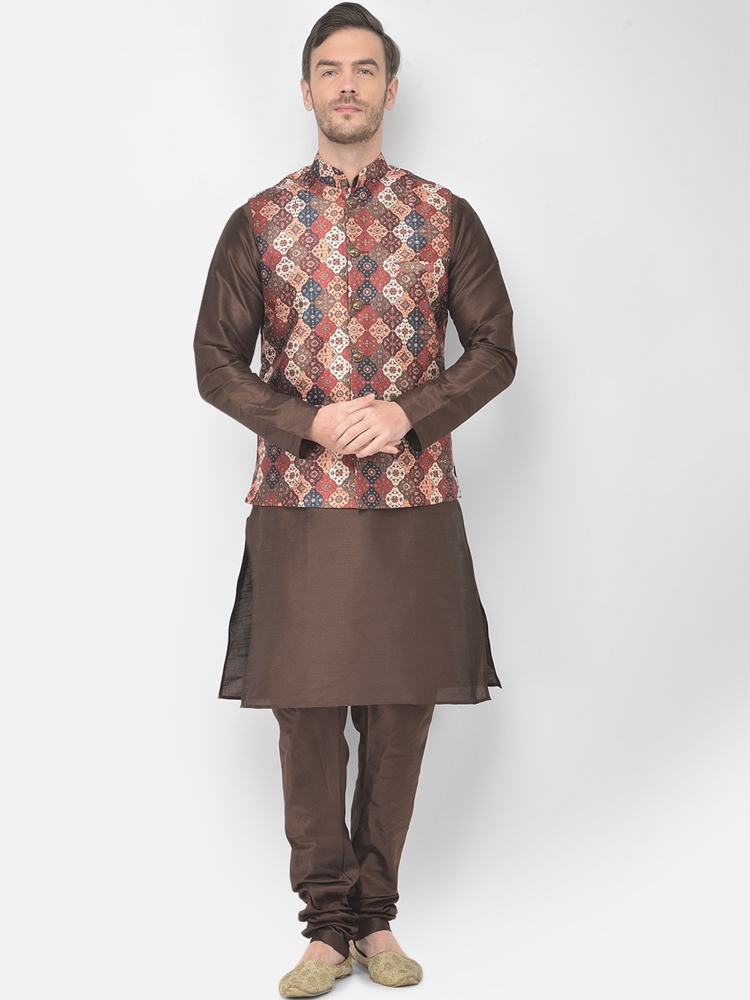 

SG LEMAN Men Brown Raw Silk Kurta with Churidar