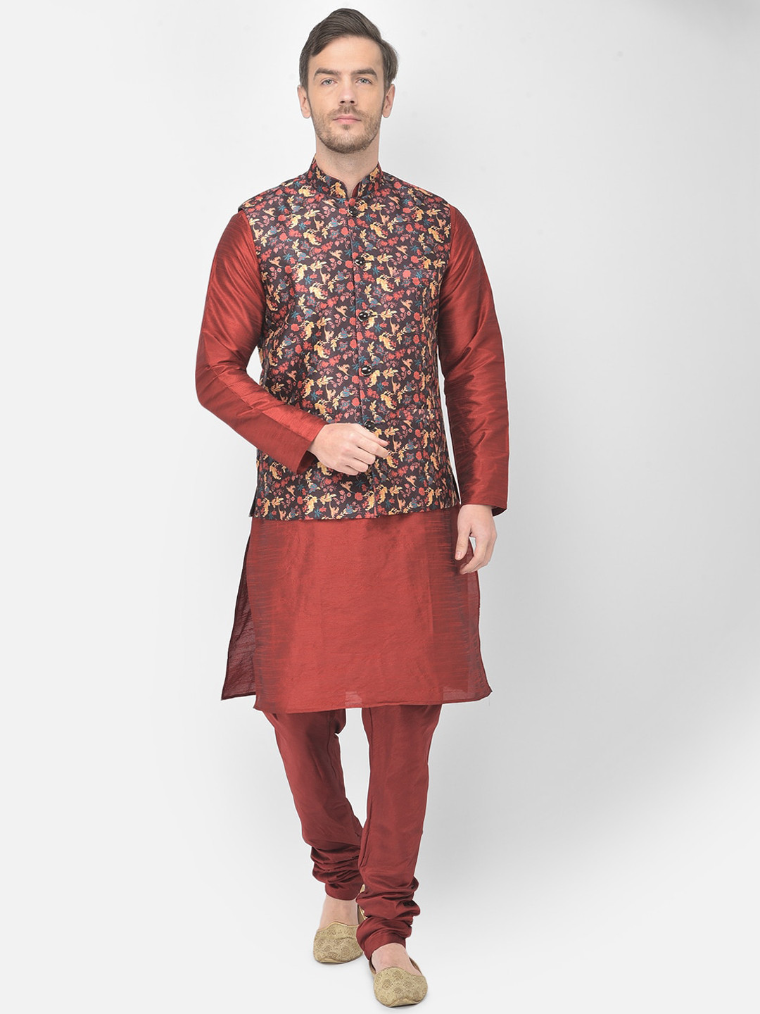 

SG LEMAN Men Maroon & Brown Raw Silk Kurta with Churidar & Jacket