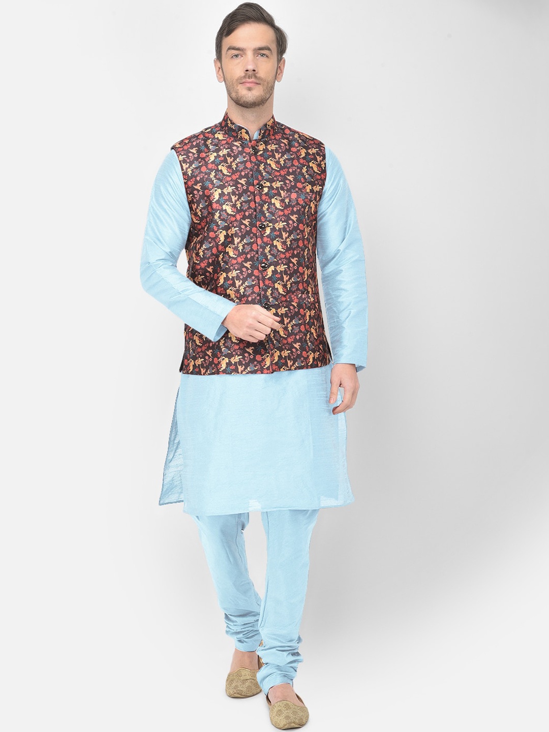 

SG LEMAN Men Turquoise Blue Raw Silk Kurta with Churidar