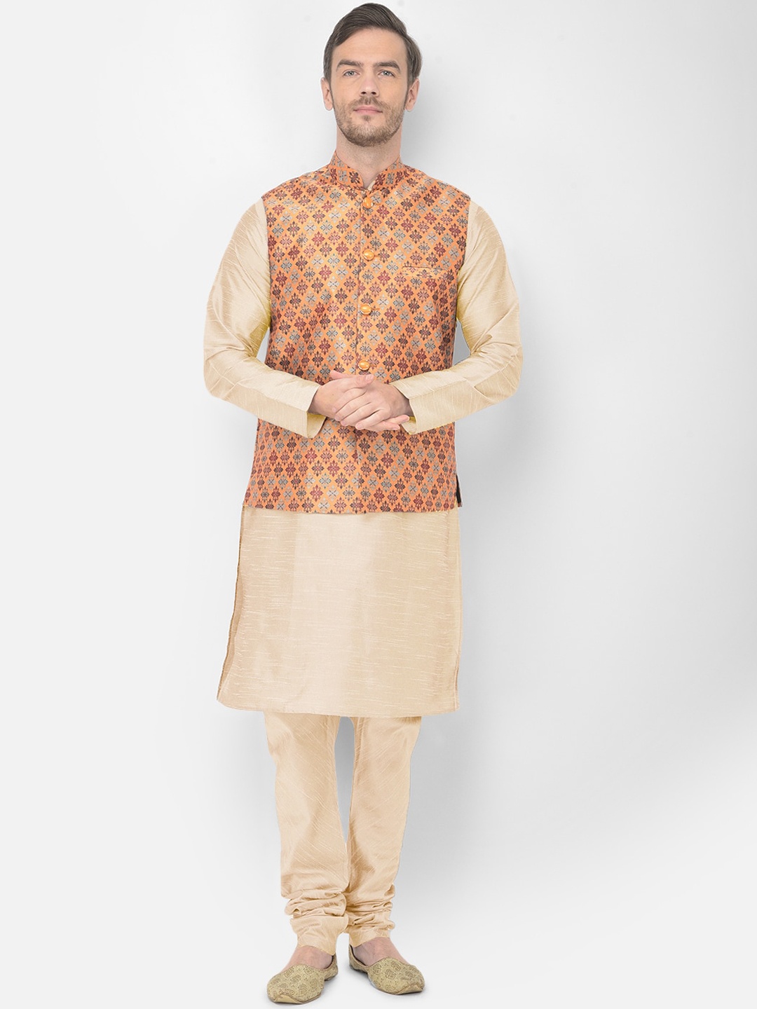 

SG LEMAN Men Beige & Yellow Raw Silk Kurta with Churidar & Jacket