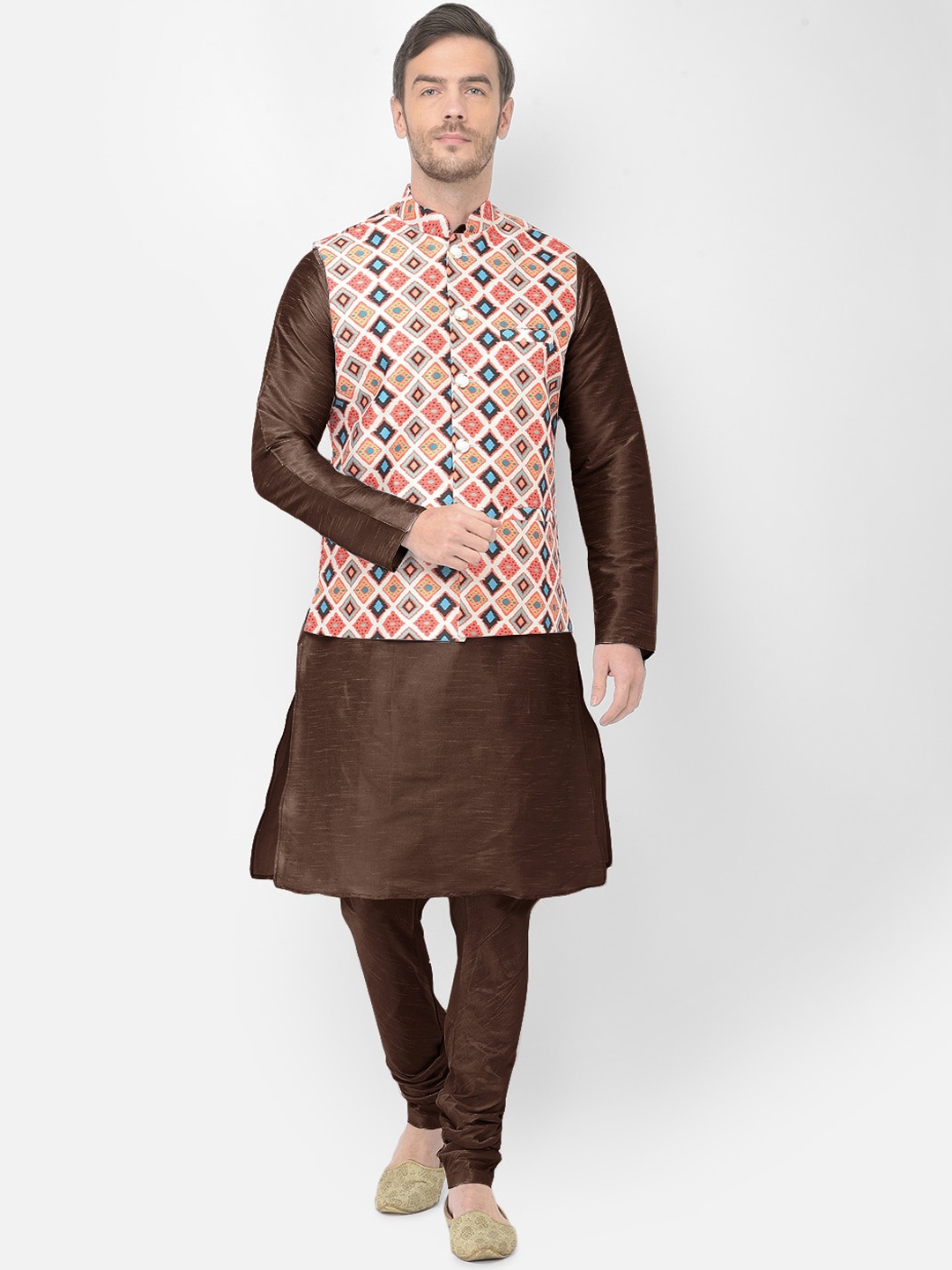 

SG LEMAN Men Brown & Peach-Coloured Raw Silk Kurta with Churidar & Jacket