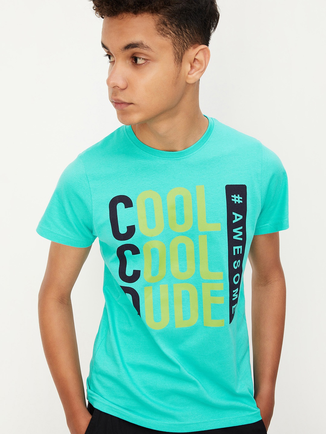 

max Boys Mint Green Typography Printed Cotton T-shirt