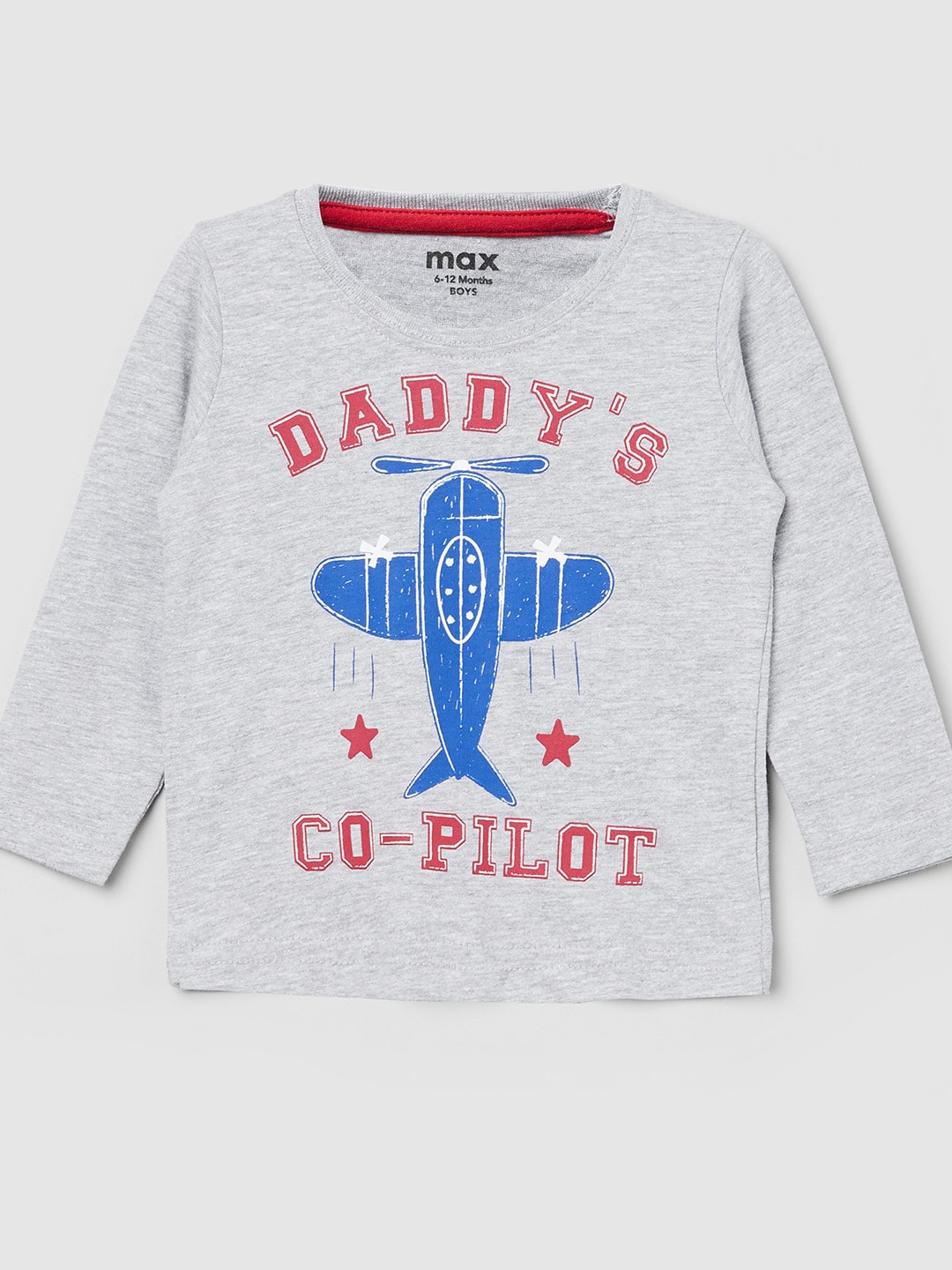 

max Boys Grey Melange Typography Printed Cotton T-shirt