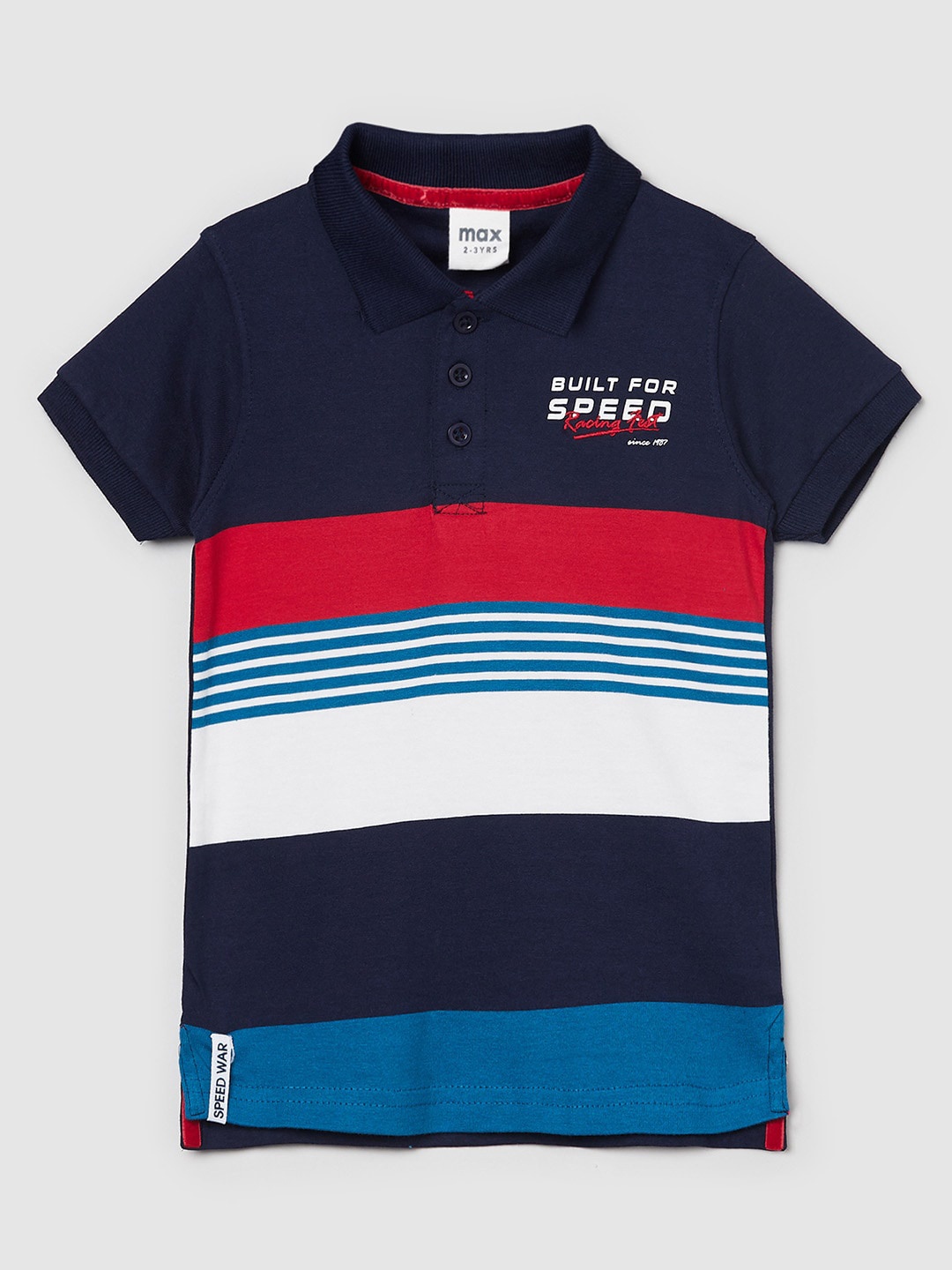 

max Boys Navy Blue & Red Striped Polo Collar Pure Cotton T-shirt