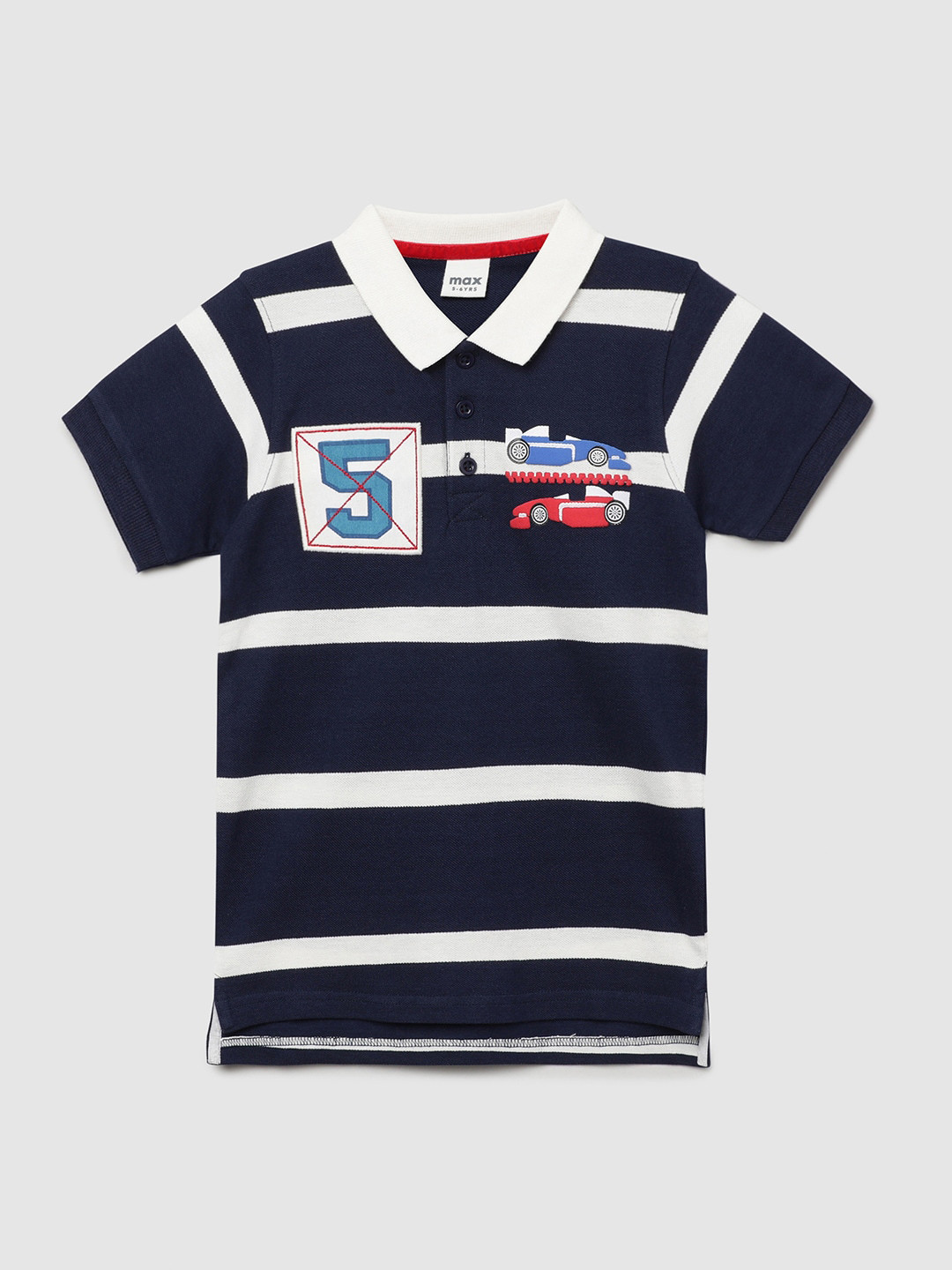 

max Boys Navy Blue & White Striped Polo Collar Applique T-shirt